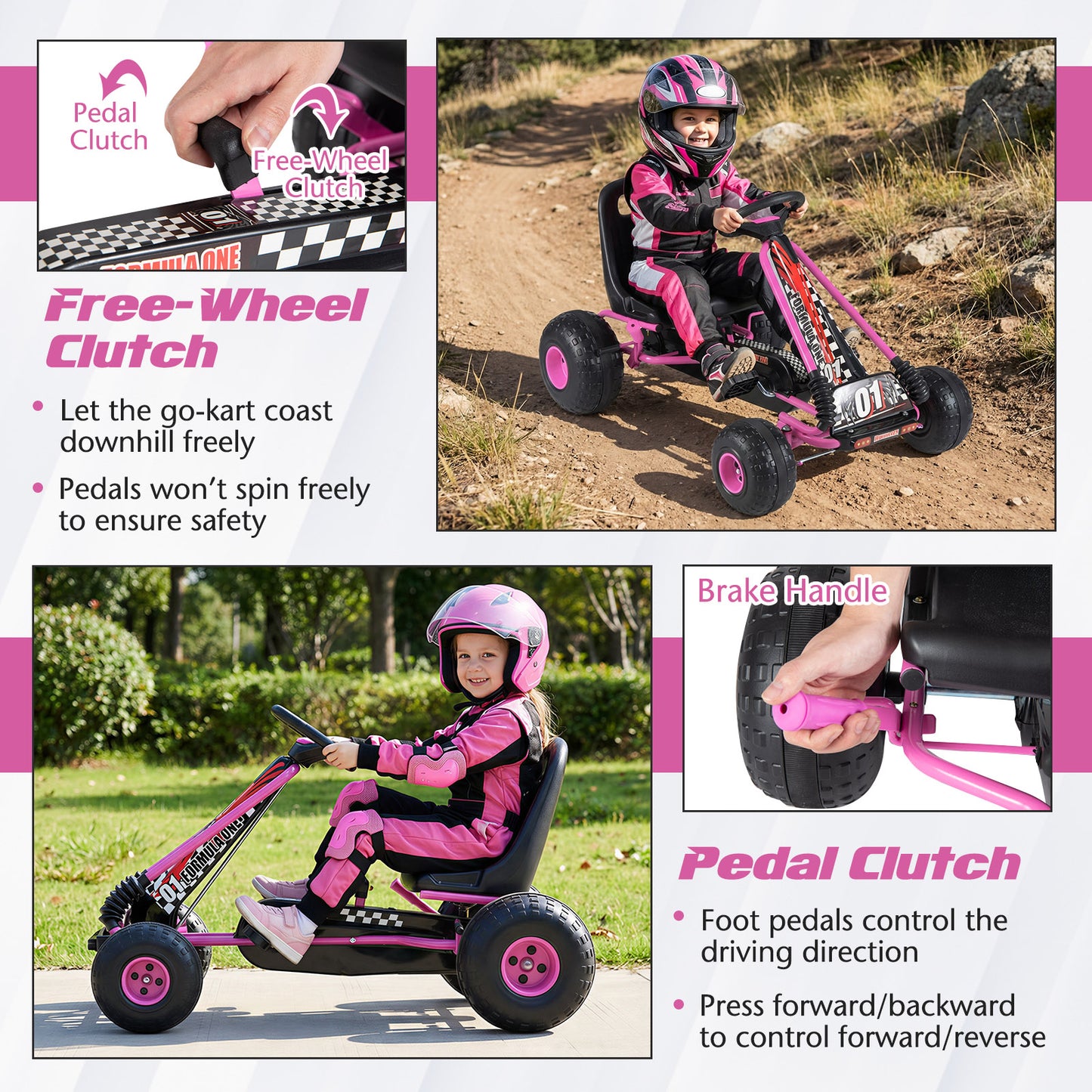 Go Kart for Kids 4 Wheels Pedal with Adjustable Seat and Multi-Terrain Wheels, Pink Push & Pedal Ride On Toys at Gallery Canada
