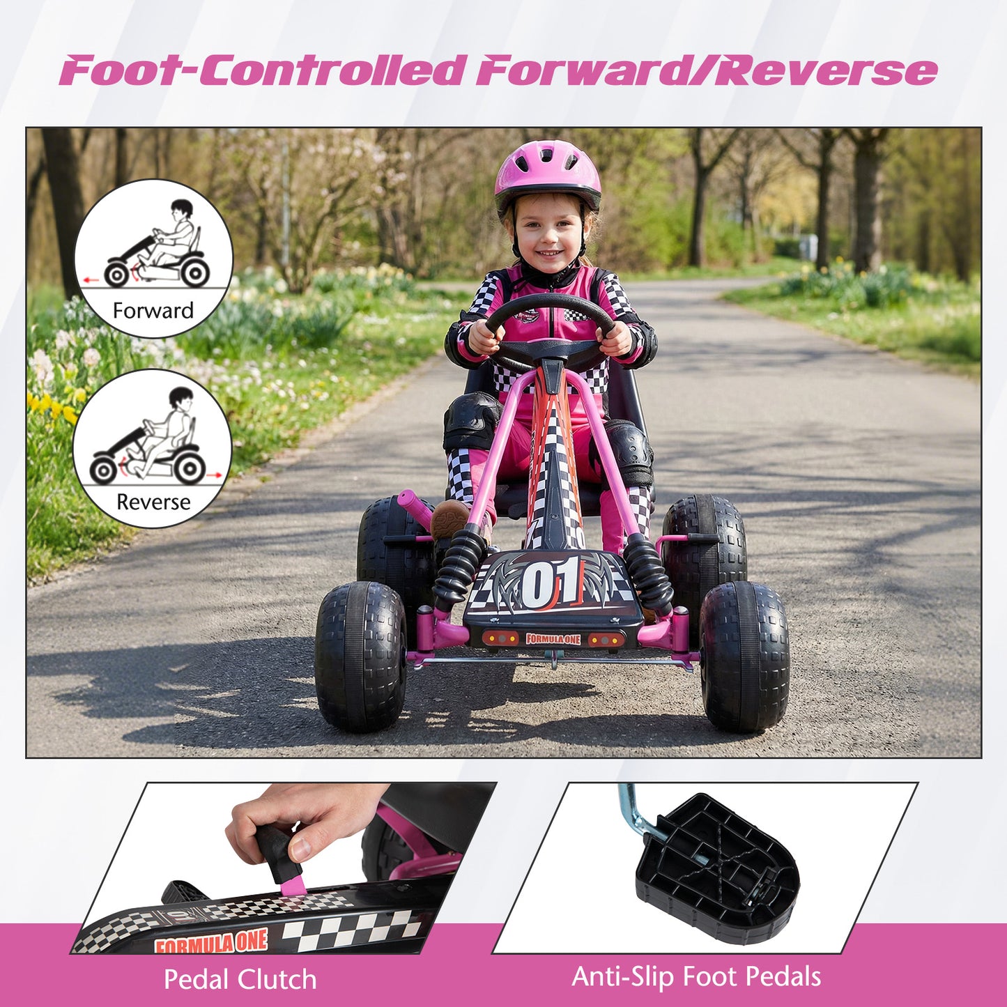 Go Kart for Kids 4 Wheels Pedal with Adjustable Seat and Multi-Terrain Wheels, Pink Push & Pedal Ride On Toys at Gallery Canada