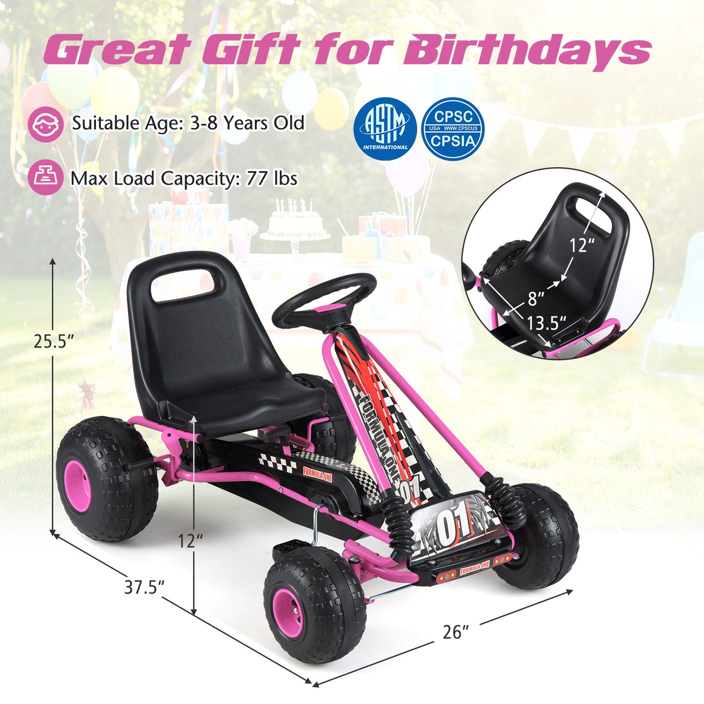 Go Kart for Kids 4 Wheels Pedal with Adjustable Seat and Multi-Terrain Wheels, Pink Push & Pedal Ride On Toys at Gallery Canada