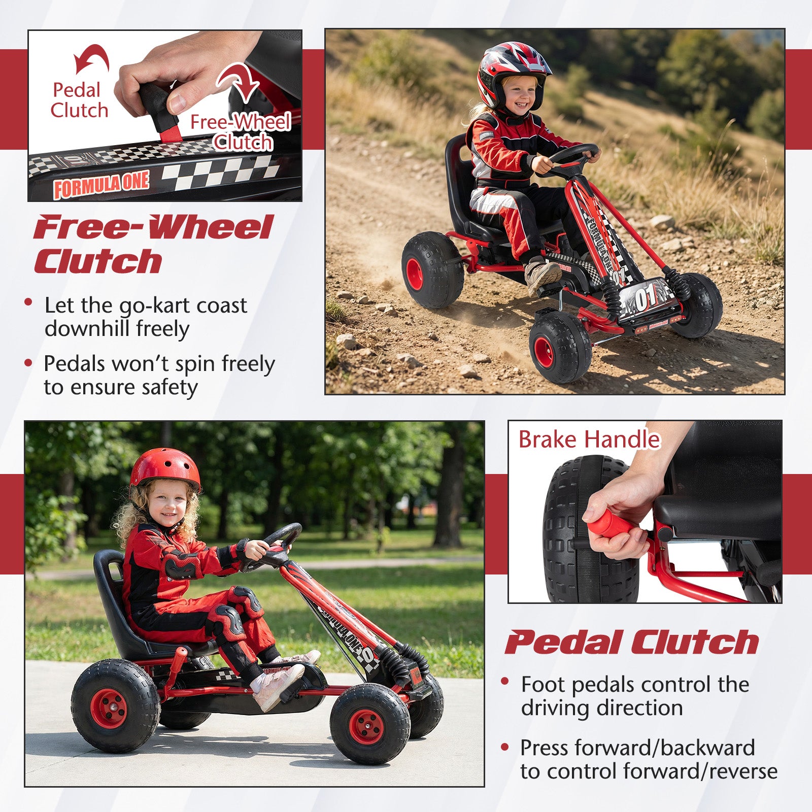 Go Kart for Kids 4 Wheels Pedal with Adjustable Seat and Multi-Terrain Wheels, Red Push & Pedal Ride On Toys at Gallery Canada