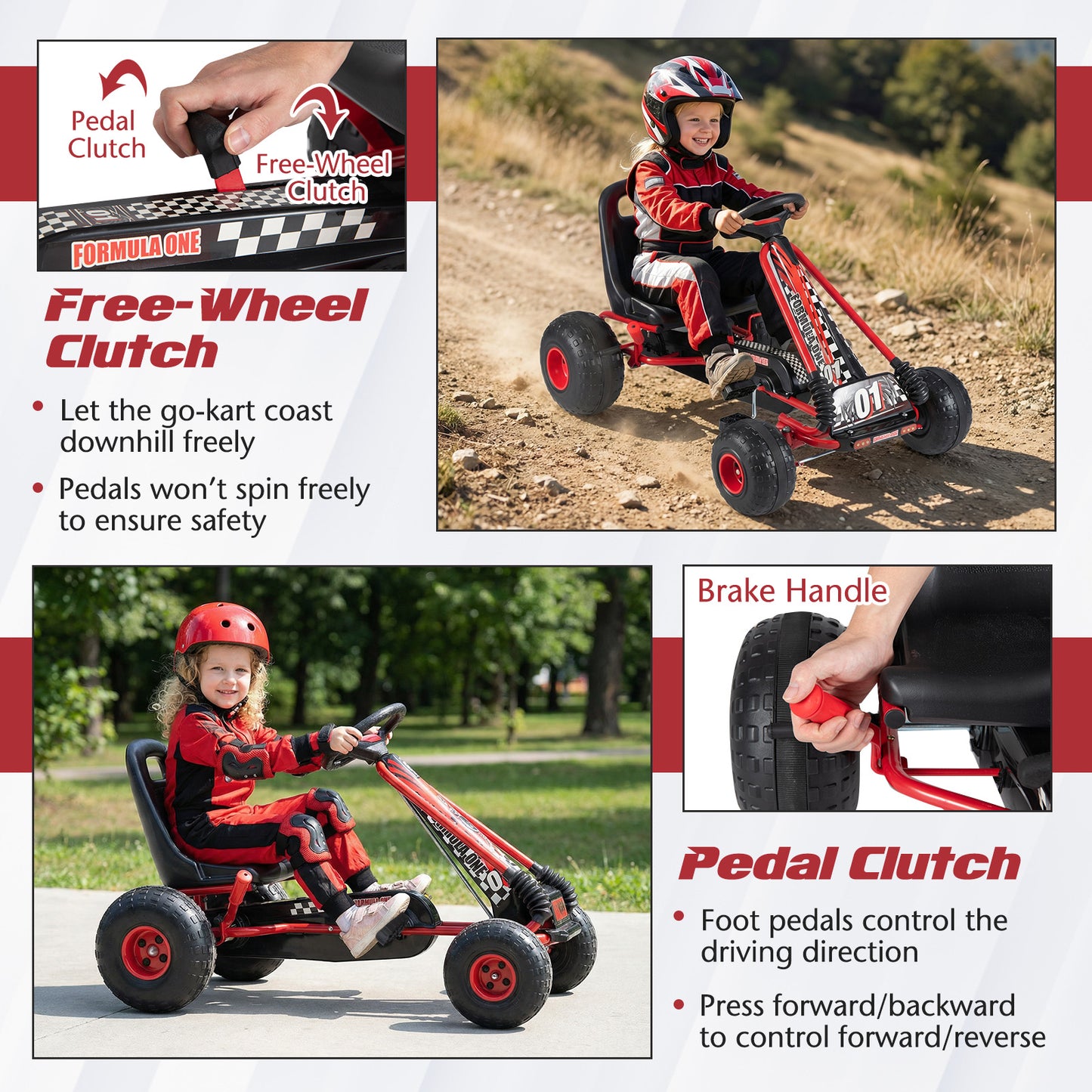 Go Kart for Kids 4 Wheels Pedal with Adjustable Seat and Multi-Terrain Wheels, Red Push & Pedal Ride On Toys at Gallery Canada