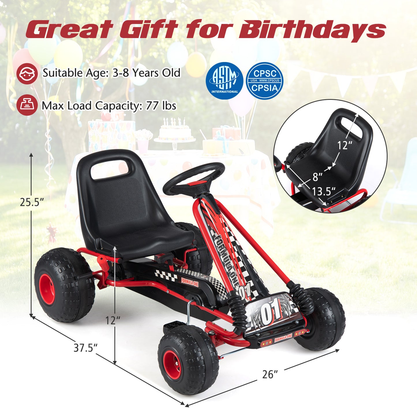 Go Kart for Kids 4 Wheels Pedal with Adjustable Seat and Multi-Terrain Wheels, Red Push & Pedal Ride On Toys at Gallery Canada