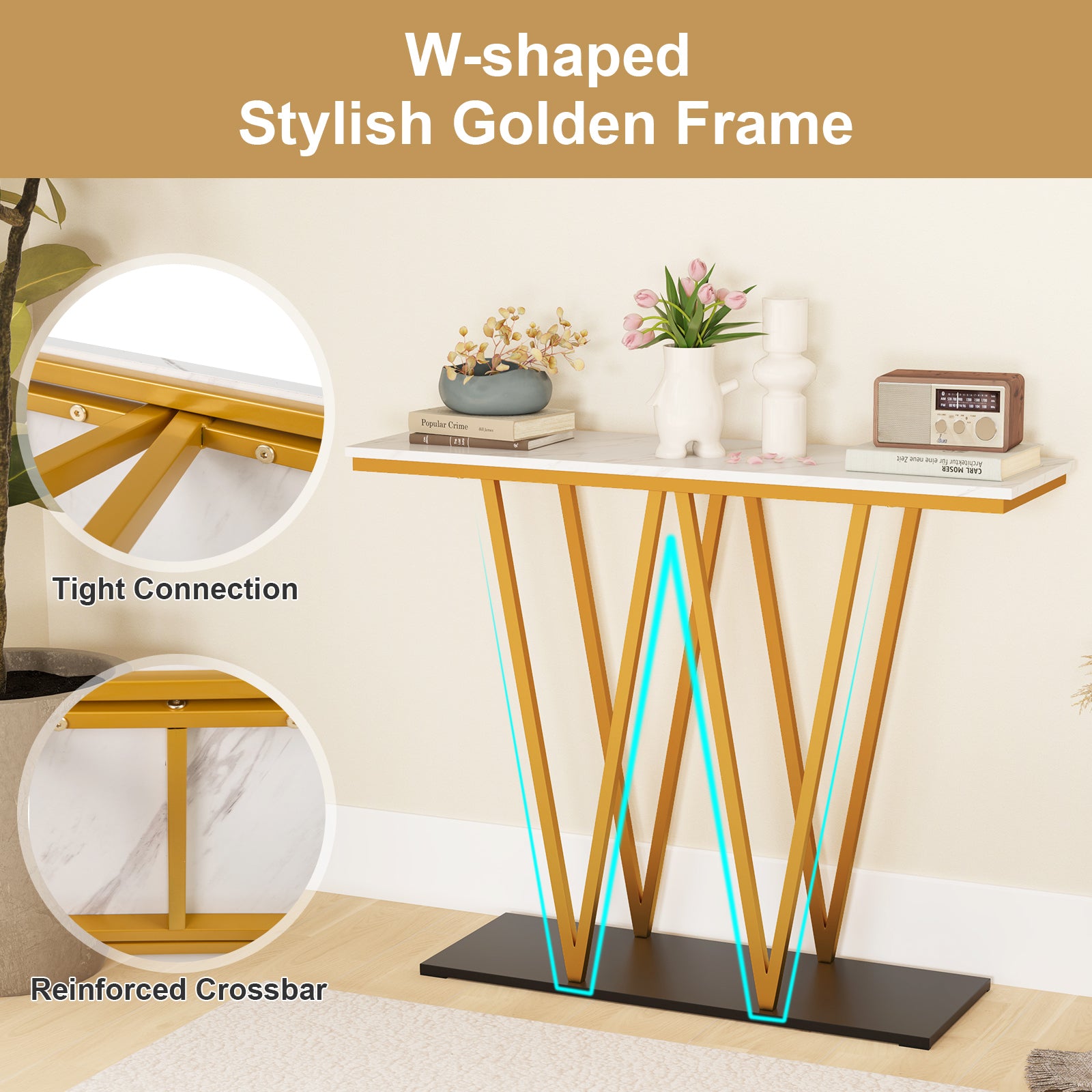 Gold Entryway Table 40 Inch Modern Console Table with Faux Marble Table and Metal Frame, White Console Tables at Gallery Canada