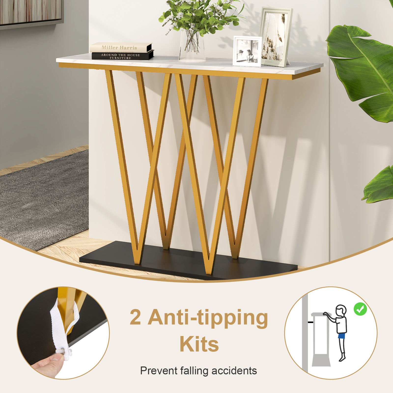 Gold Entryway Table 40 Inch Modern Console Table with Faux Marble Table and Metal Frame, White Console Tables at Gallery Canada