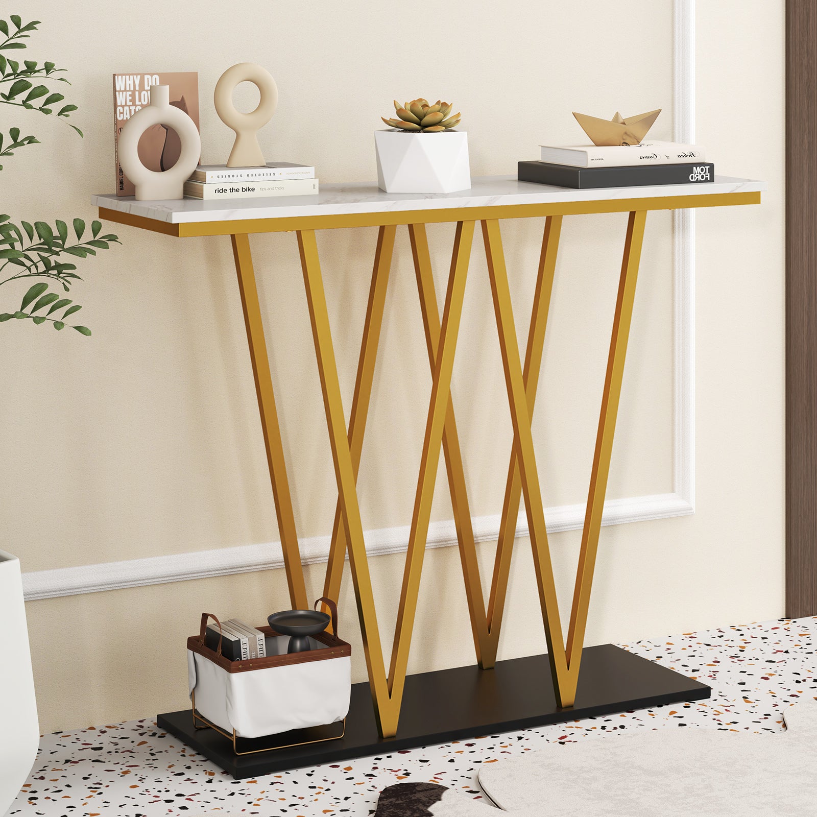 Gold Entryway Table 40 Inch Modern Console Table with Faux Marble Table and Metal Frame, White Console Tables at Gallery Canada