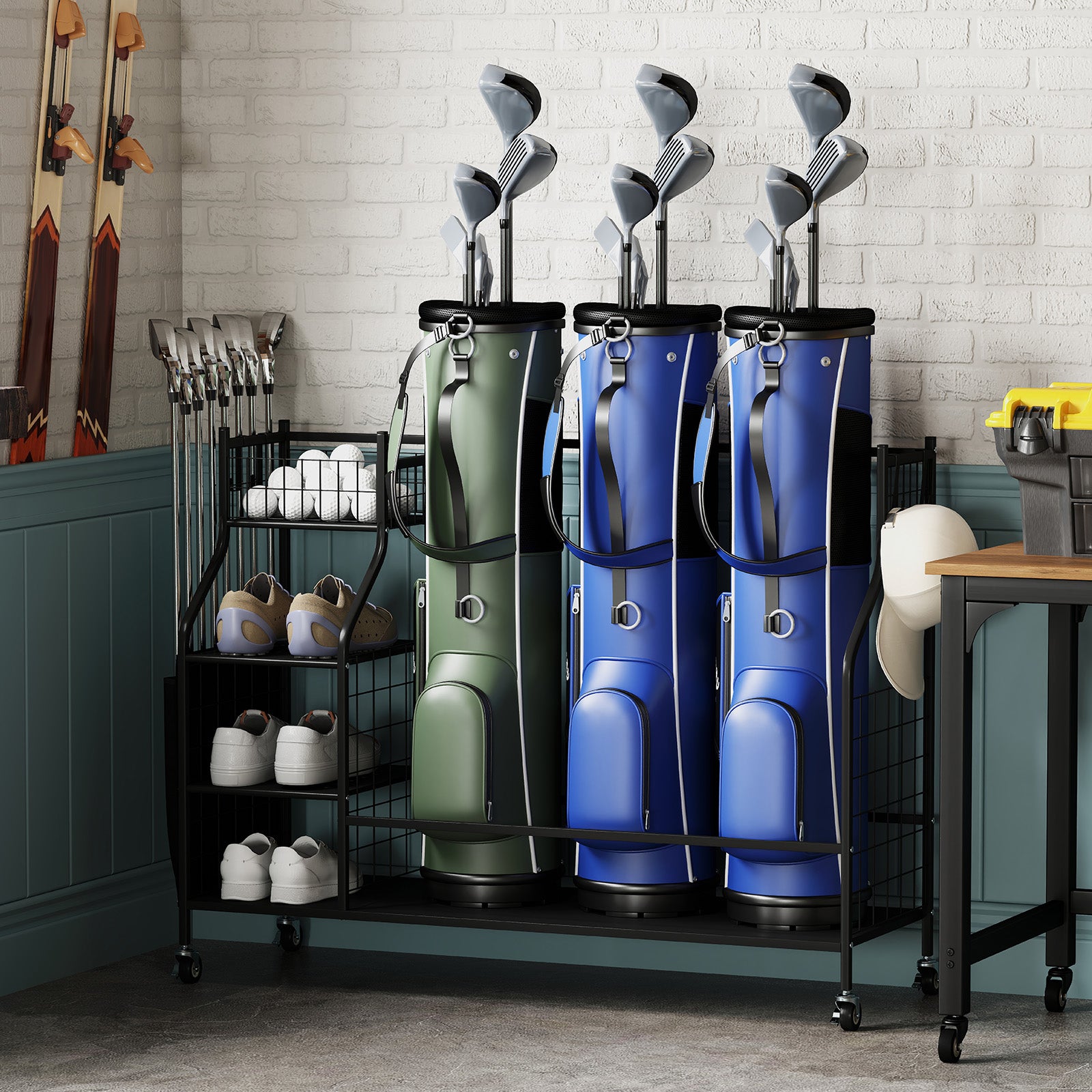 Golf Bag Organizer 3 Golf Bag Stand with Lockable Wheels and Hooks, Black Golf at Gallery Canada