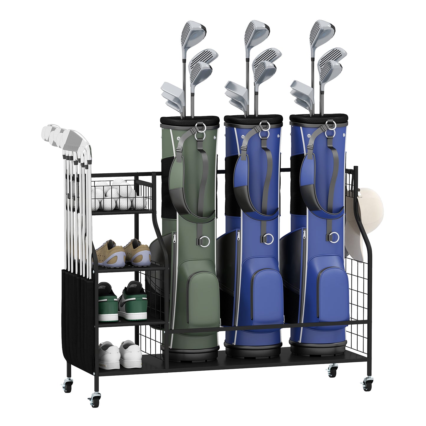 Golf Bag Organizer 3 Golf Bag Stand with Lockable Wheels and Hooks, Black Golf Black at Gallery Canada