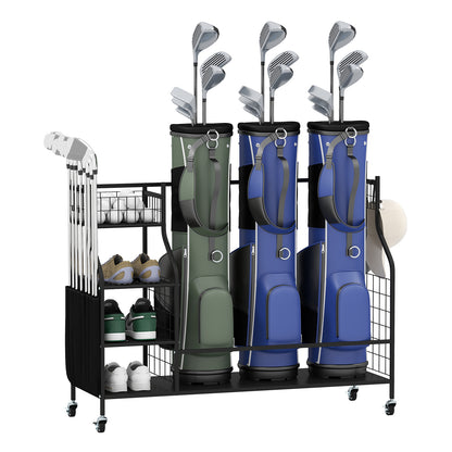 Golf Bag Organizer 3 Golf Bag Stand with Lockable Wheels and Hooks, Black Golf Black at Gallery Canada