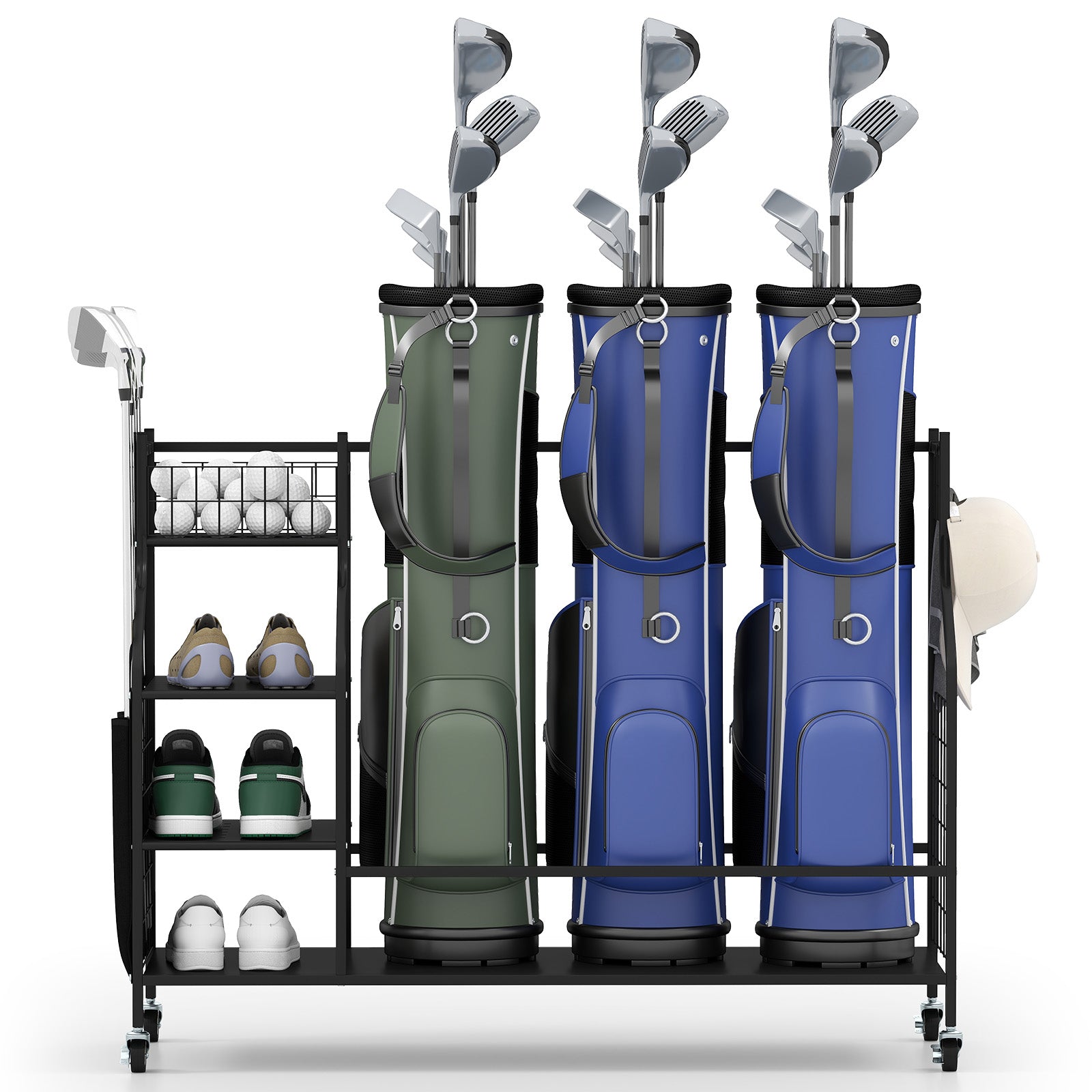 Golf Bag Organizer 3 Golf Bag Stand with Lockable Wheels and Hooks, Black Golf at Gallery Canada