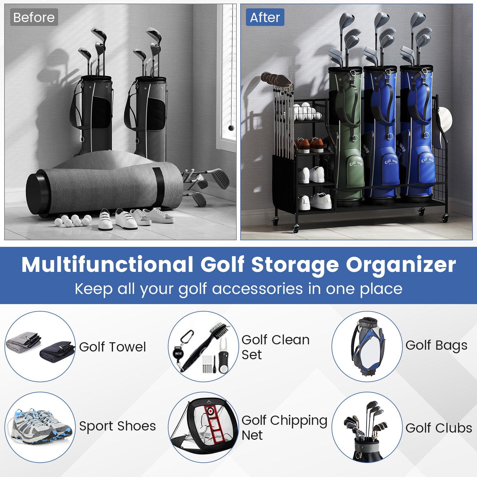 Golf Bag Organizer 3 Golf Bag Stand with Lockable Wheels and Hooks, Black Golf at Gallery Canada