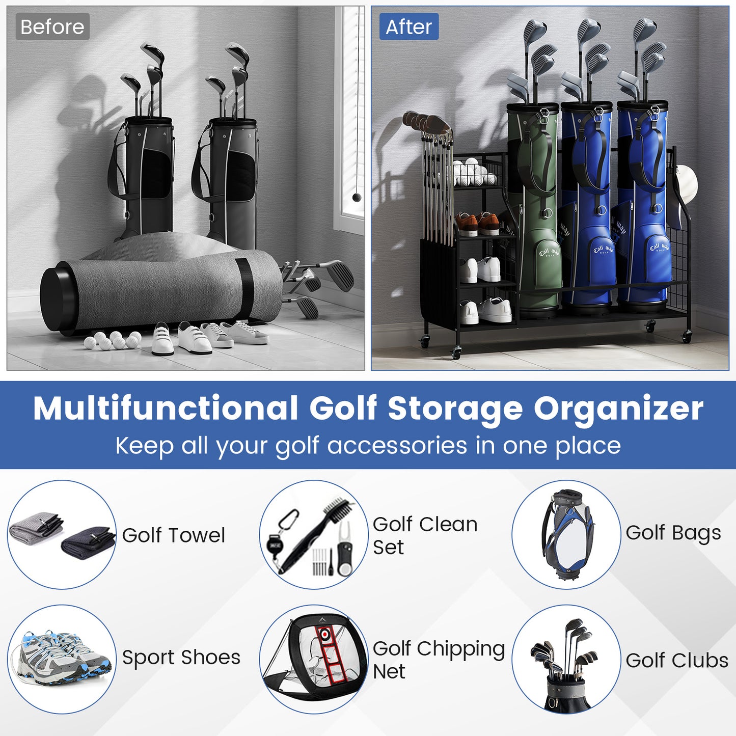 Golf Bag Organizer 3 Golf Bag Stand with Lockable Wheels and Hooks, Black Golf at Gallery Canada