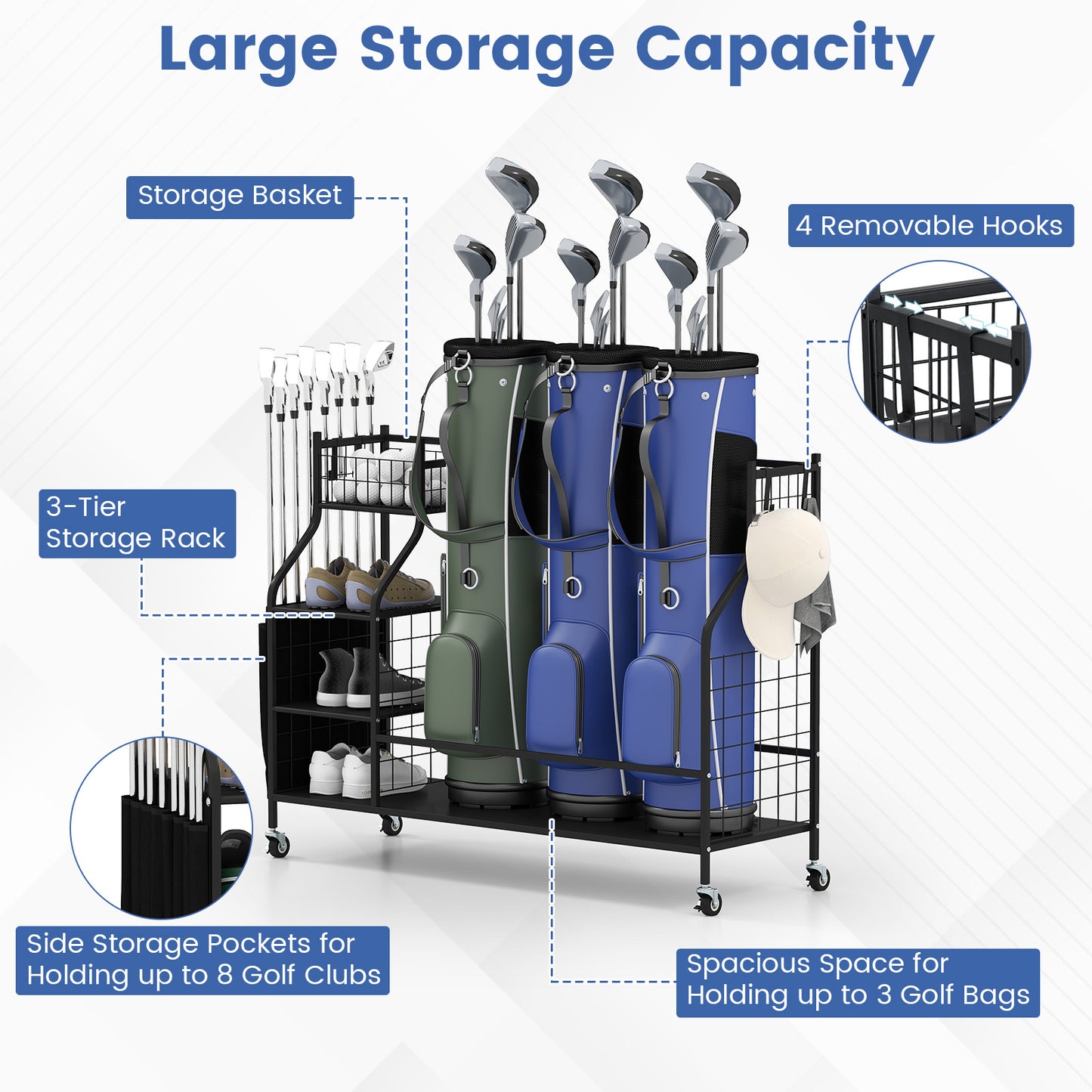 Golf Bag Organizer 3 Golf Bag Stand with Lockable Wheels and Hooks, Black Golf at Gallery Canada