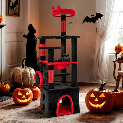 Gothic Cat Tree with Plush Perch and Spider Dangling Toy, Black & Red Cat Trees Condos & Scratchers at Gallery Canada