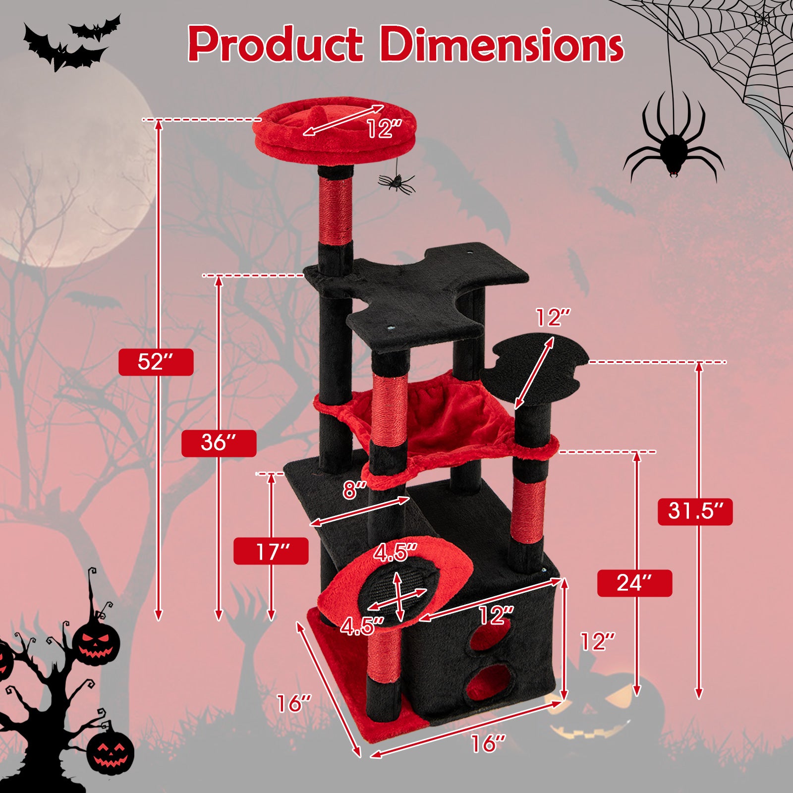 Gothic Cat Tree with Plush Perch and Spider Dangling Toy, Black & Red Cat Trees Condos & Scratchers at Gallery Canada
