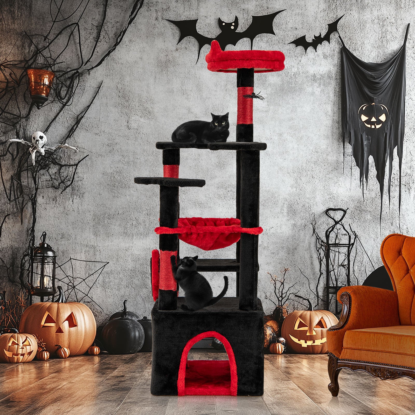 Gothic Cat Tree with Plush Perch and Spider Dangling Toy, Black & Red Cat Trees Condos & Scratchers at Gallery Canada