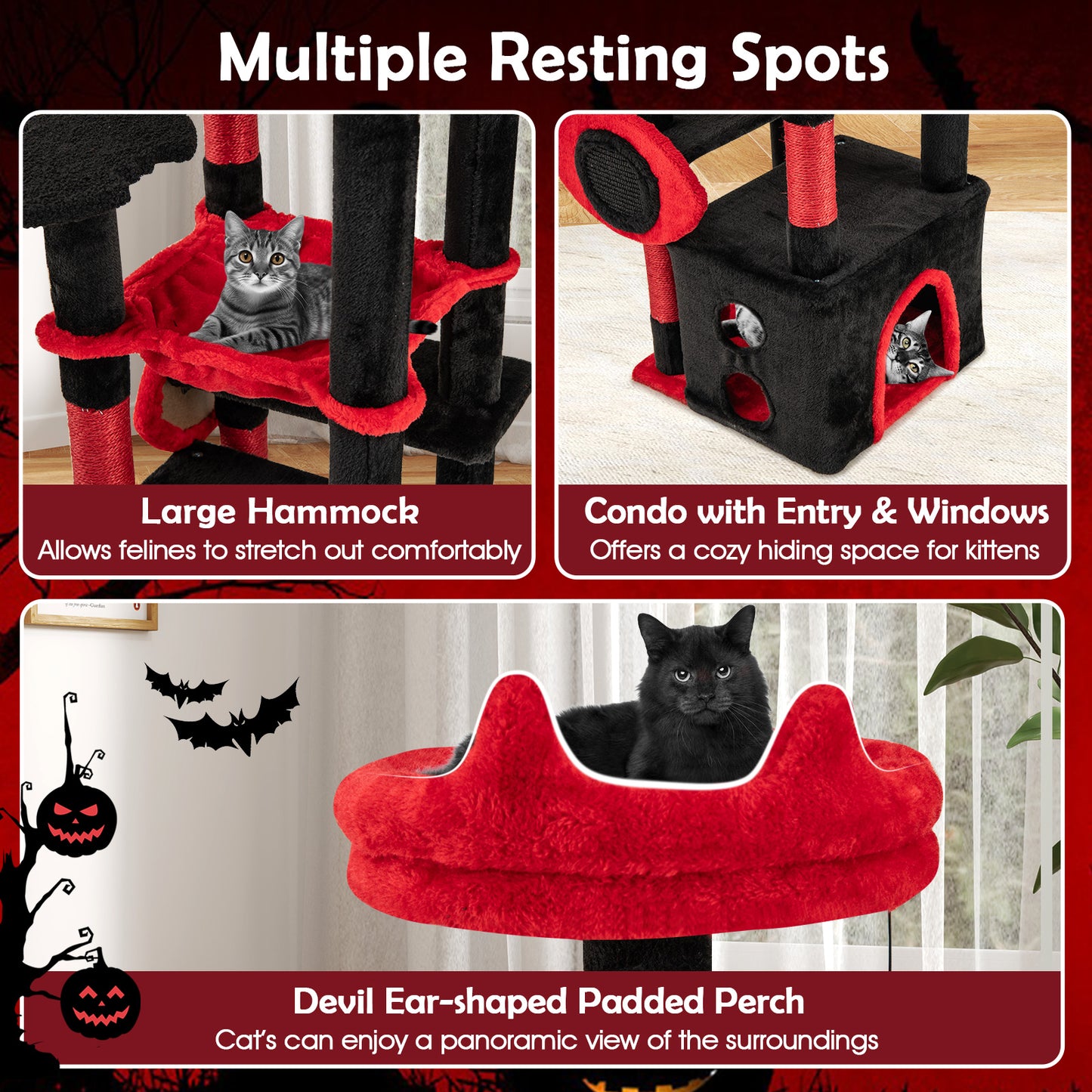 Gothic Cat Tree with Plush Perch and Spider Dangling Toy, Black & Red Cat Trees Condos & Scratchers at Gallery Canada