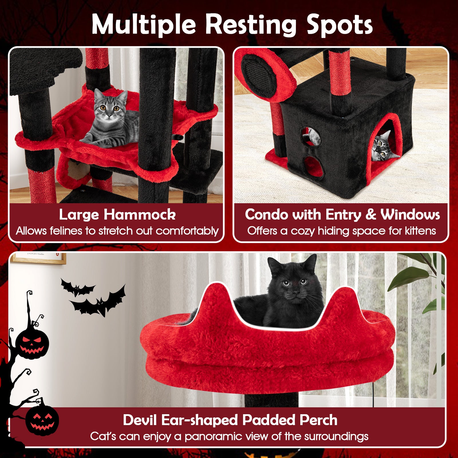 Gothic Cat Tree with Plush Perch and Spider Dangling Toy, Black & Red Cat Trees Condos & Scratchers at Gallery Canada