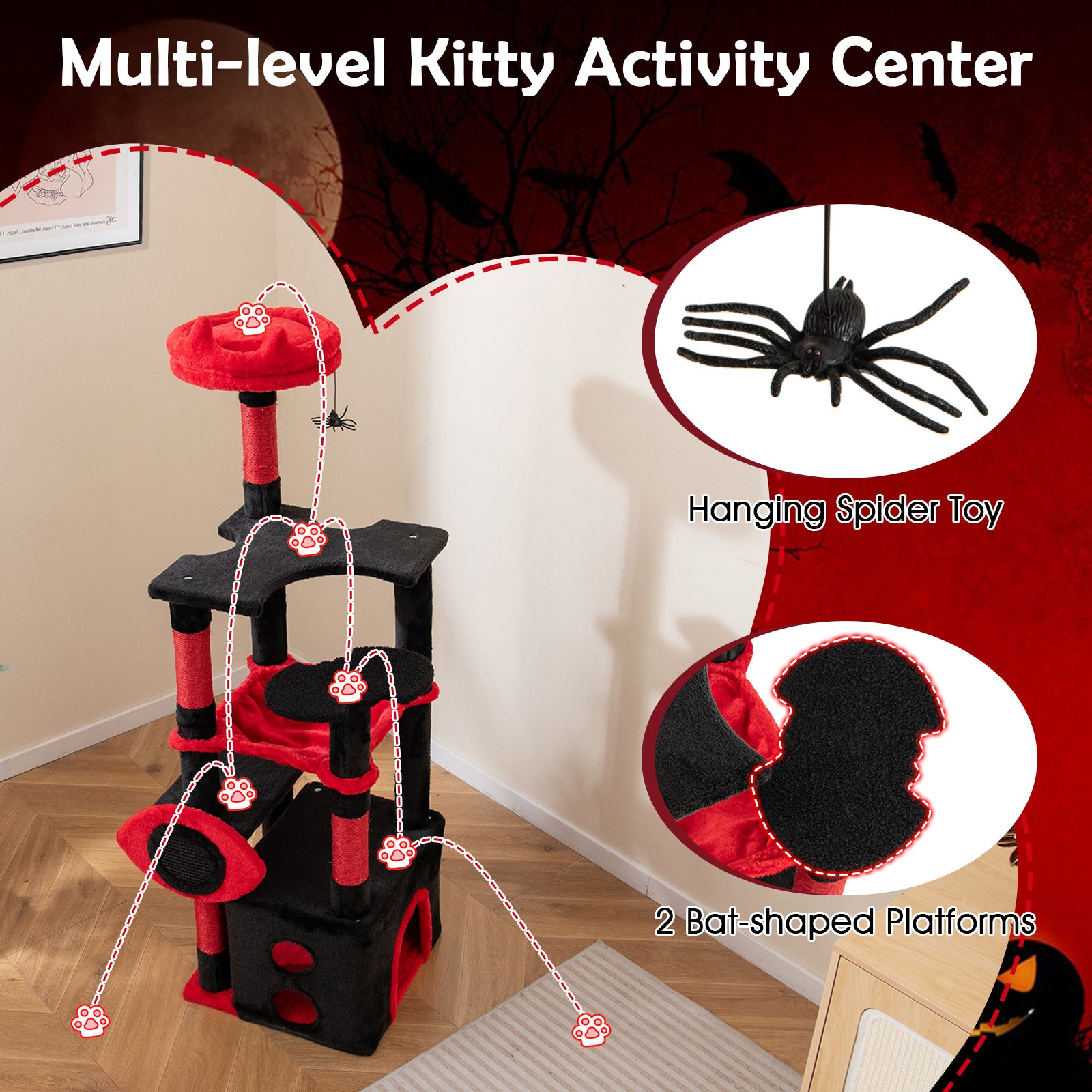 Gothic Cat Tree with Plush Perch and Spider Dangling Toy, Black & Red Cat Trees Condos & Scratchers at Gallery Canada