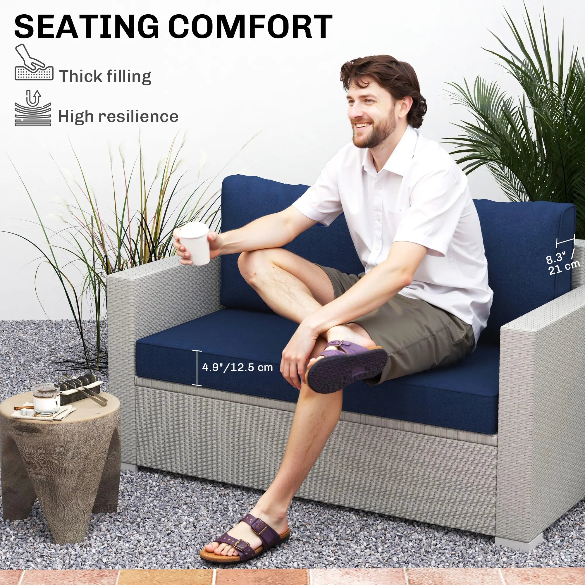 2 Seater Outdoor Seat Cushions with Backrest, Fade-Resistant, Navy Blue Patio Chair Cushions at Gallery Canada