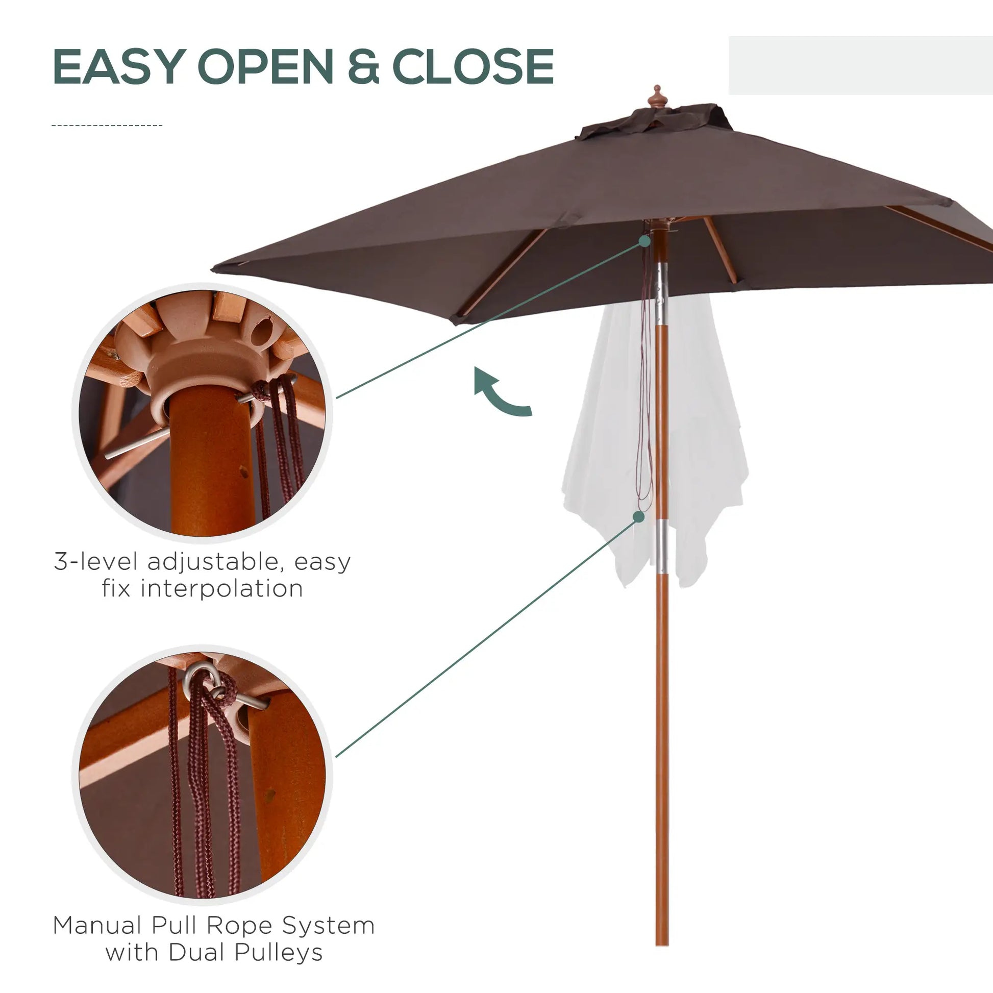 6.6x5ft Square Market Parasol, Wooden Patio Umbrella, Tilt Mechanism, 6 Bamboo Ribs Sun Umbrellas at Gallery Canada