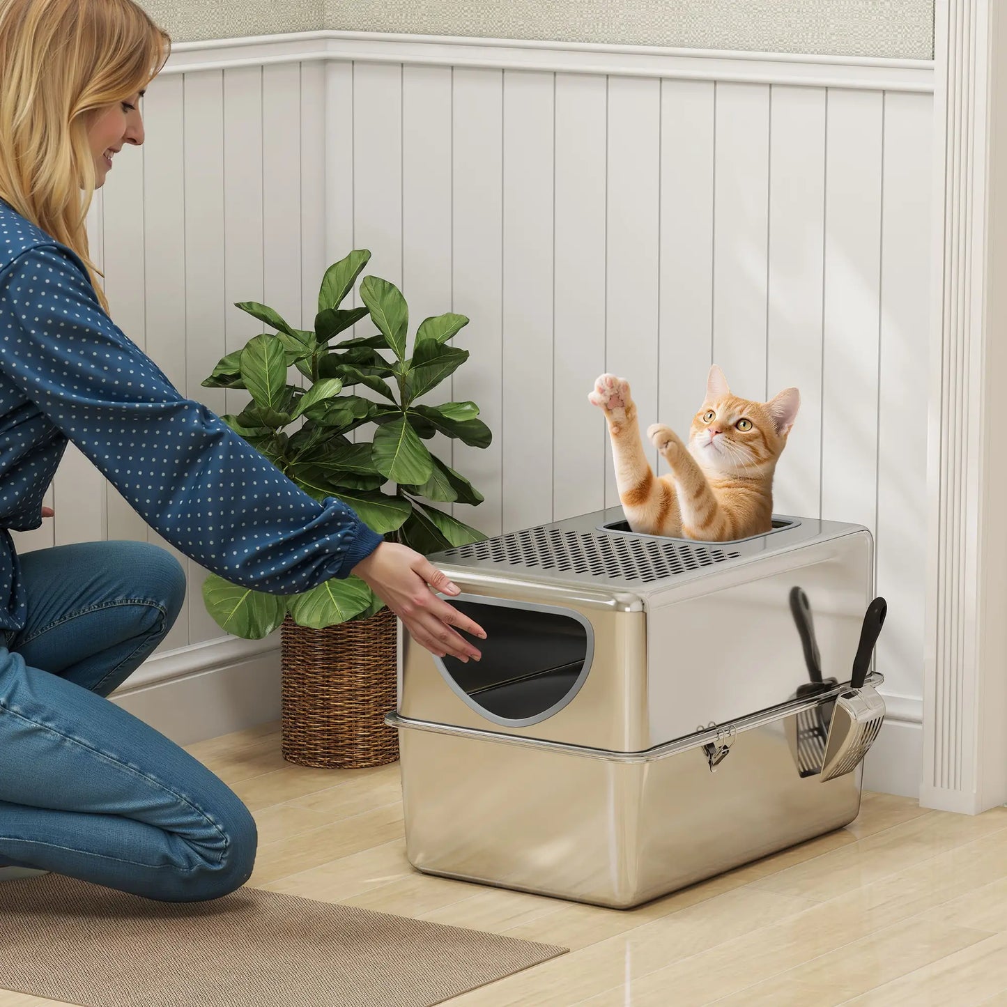 Bac à litière pour chat en acier inoxydable, extra large fermé avec couvercle, argent