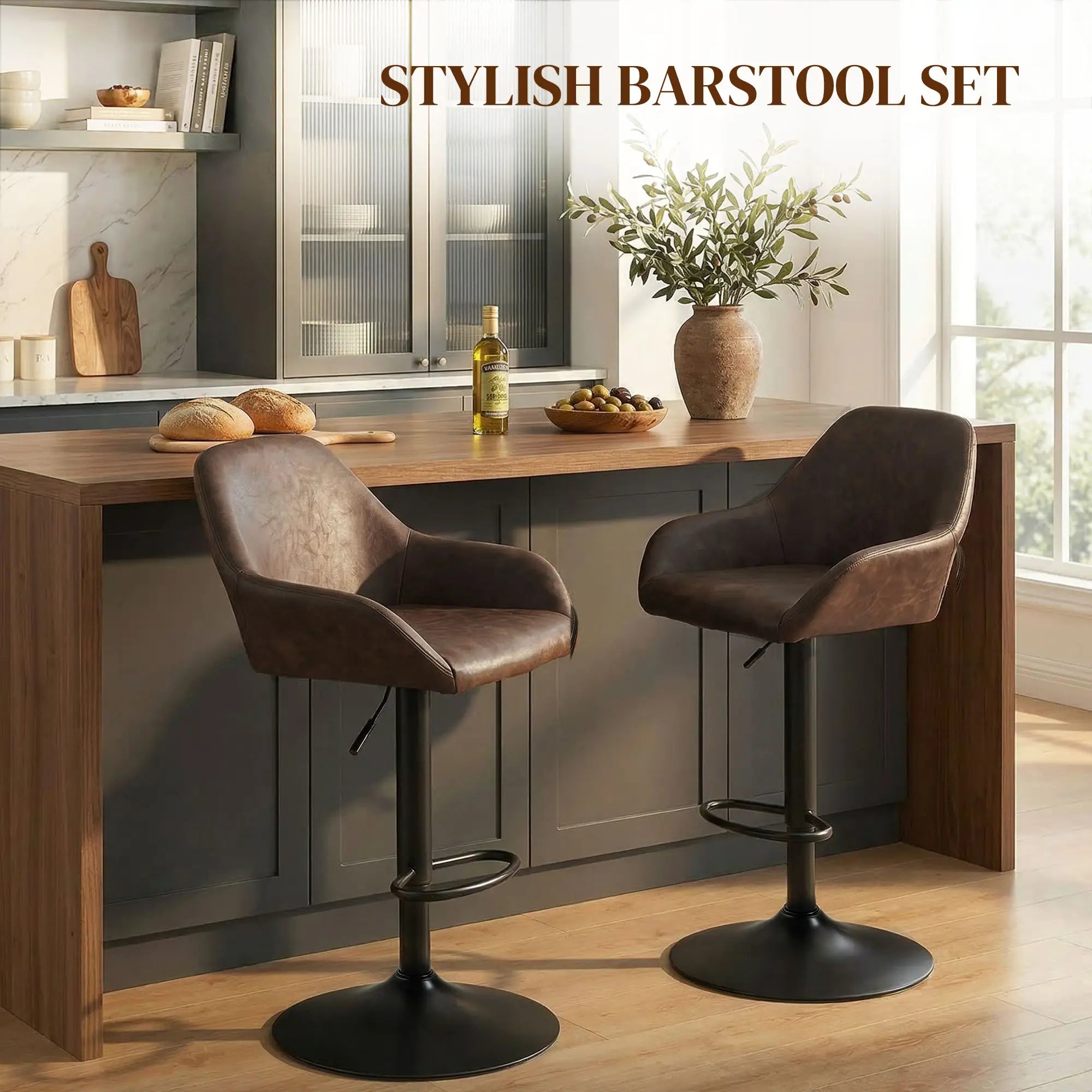 Adjustable Swivel Bar Stools Set of 2, PU Leather with Footrest, Coffee Bar Stools at Gallery Canada