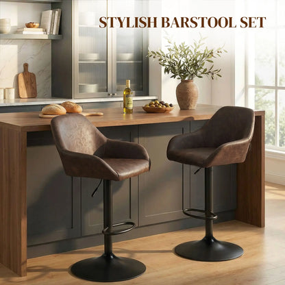 Adjustable Swivel Bar Stools Set of 2, PU Leather with Footrest, Coffee Bar Stools at Gallery Canada