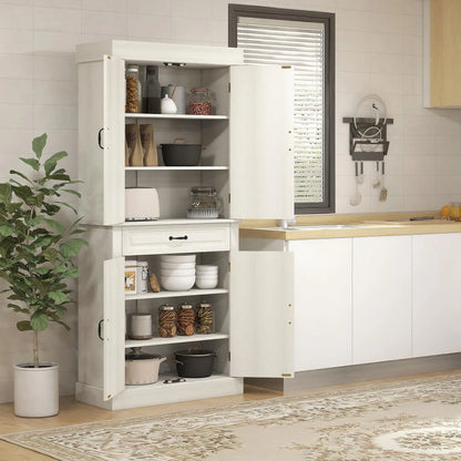 71" Freestanding Kitchen Pantry, 4 Doors 2 Cabinets, Distressed White, White