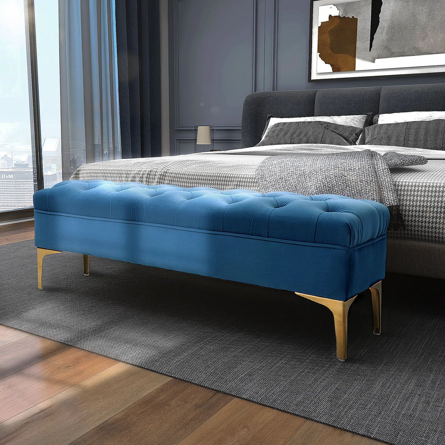 Upholstered End of Bed Bench, Button Tufted, 36 Inches, Blue Storage Ottomans & Benches at Gallery Canada