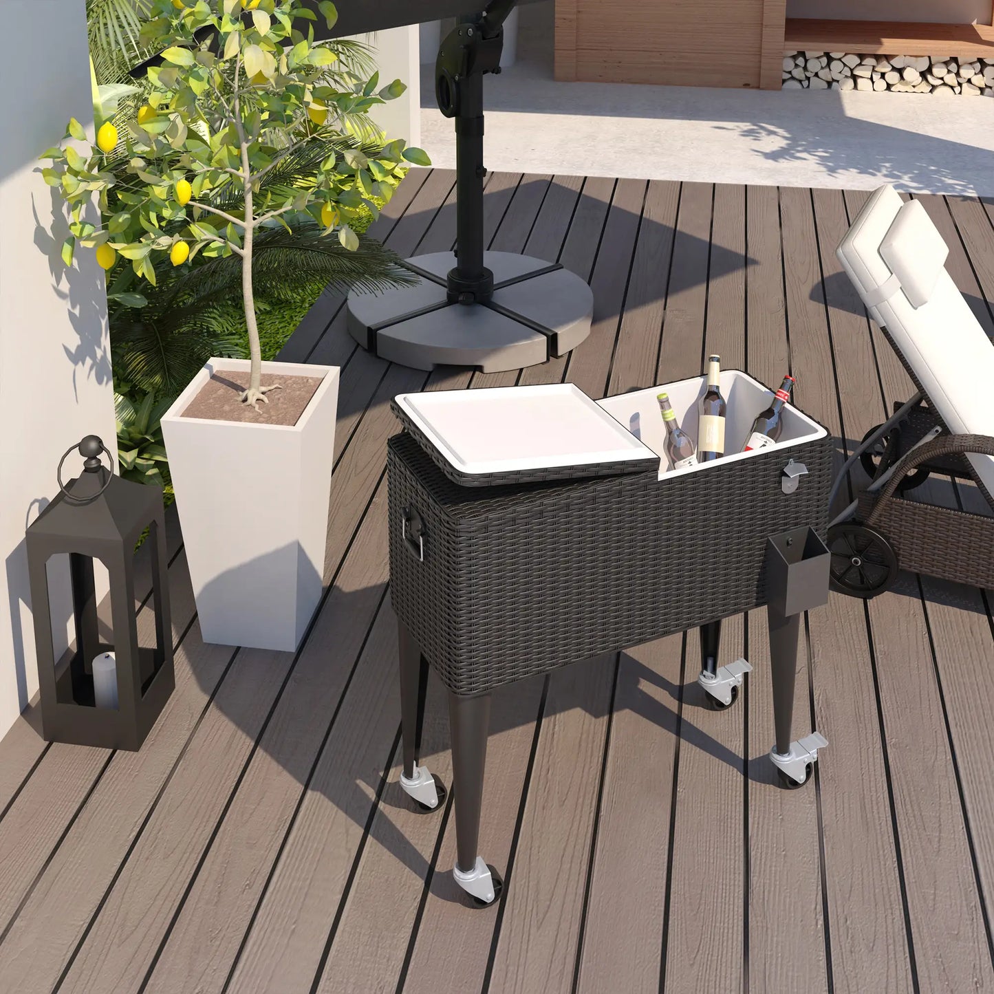 80 Quart Rolling Cooler Cart, Portable Patio Ice Bin, Brown Wicker, Brown Cooler Boxes at Gallery Canada