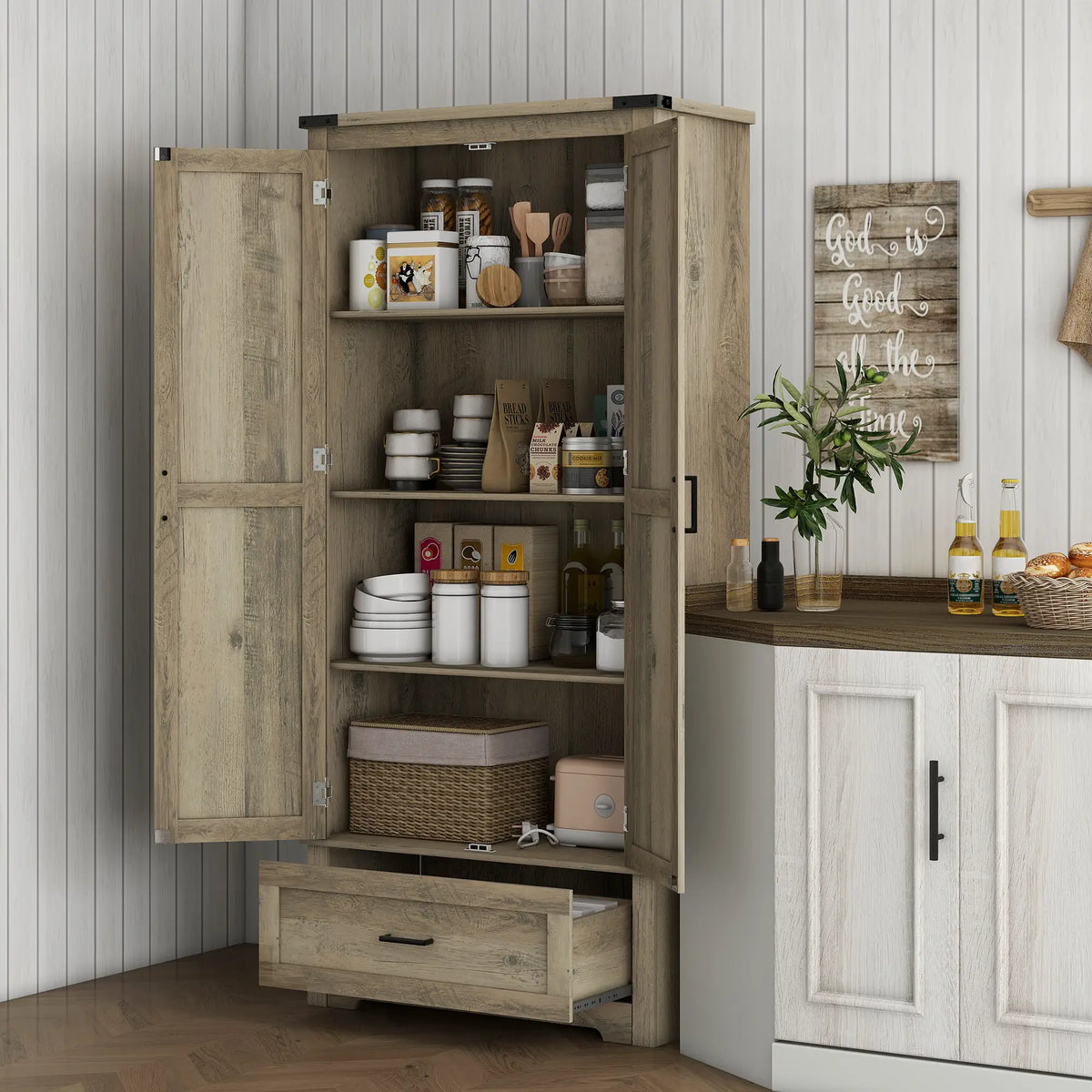 69" Tall Farmhouse Kitchen Pantry, 2 Doors, Drawer, Adjustable Shelves, Grey