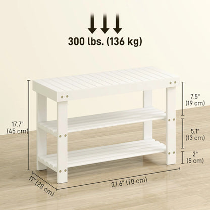 Bamboo Shoe Storage Bench, 3-Tier, 2 Shelves, Holds 6 Pairs, White