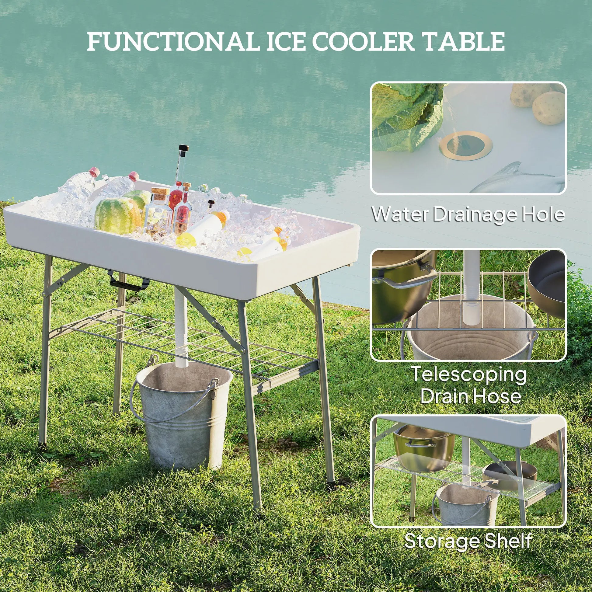 3.4ft Folding Ice Cooler Table with Drain, Outdoor Patio Party, White Picnic Tables & Camping Chairs at Gallery Canada