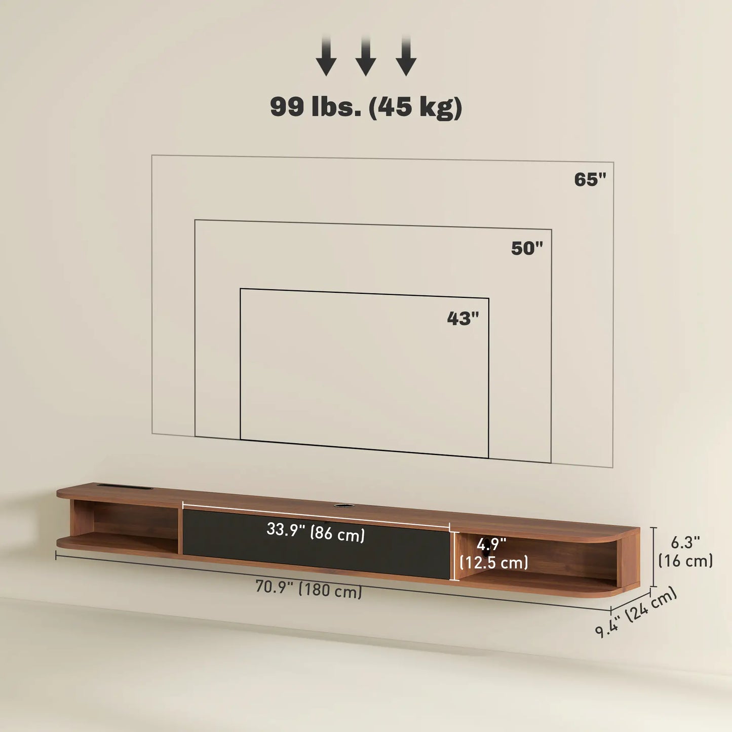 71" Floating TV Stand, Wall Mounted Media Console, Flip Drawer, 2 Open Shelves, Walnut TV Stands at Gallery Canada
