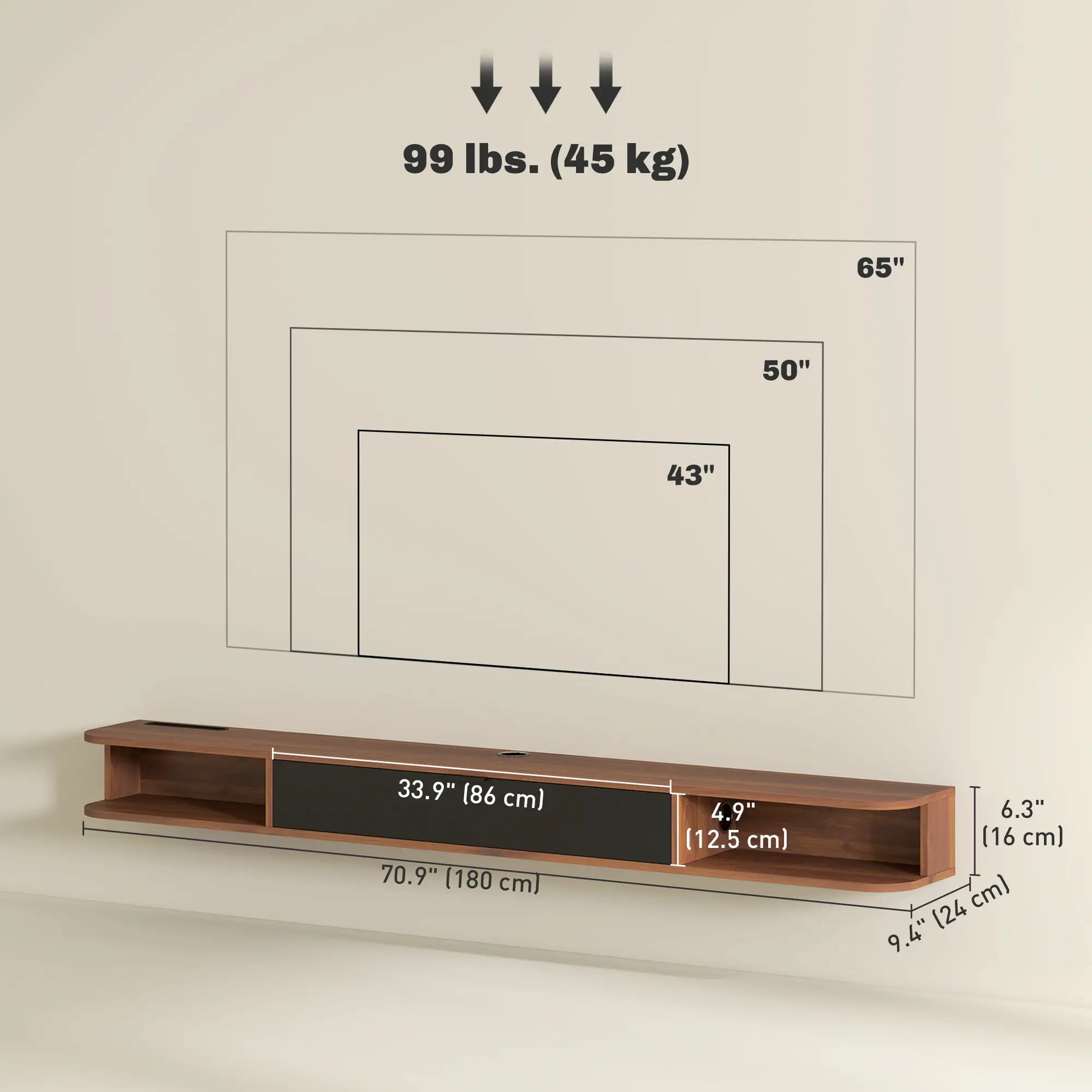71" Floating TV Stand, Wall Mounted Media Console, Flip Drawer, 2 Open Shelves, Walnut TV Stands at Gallery Canada
