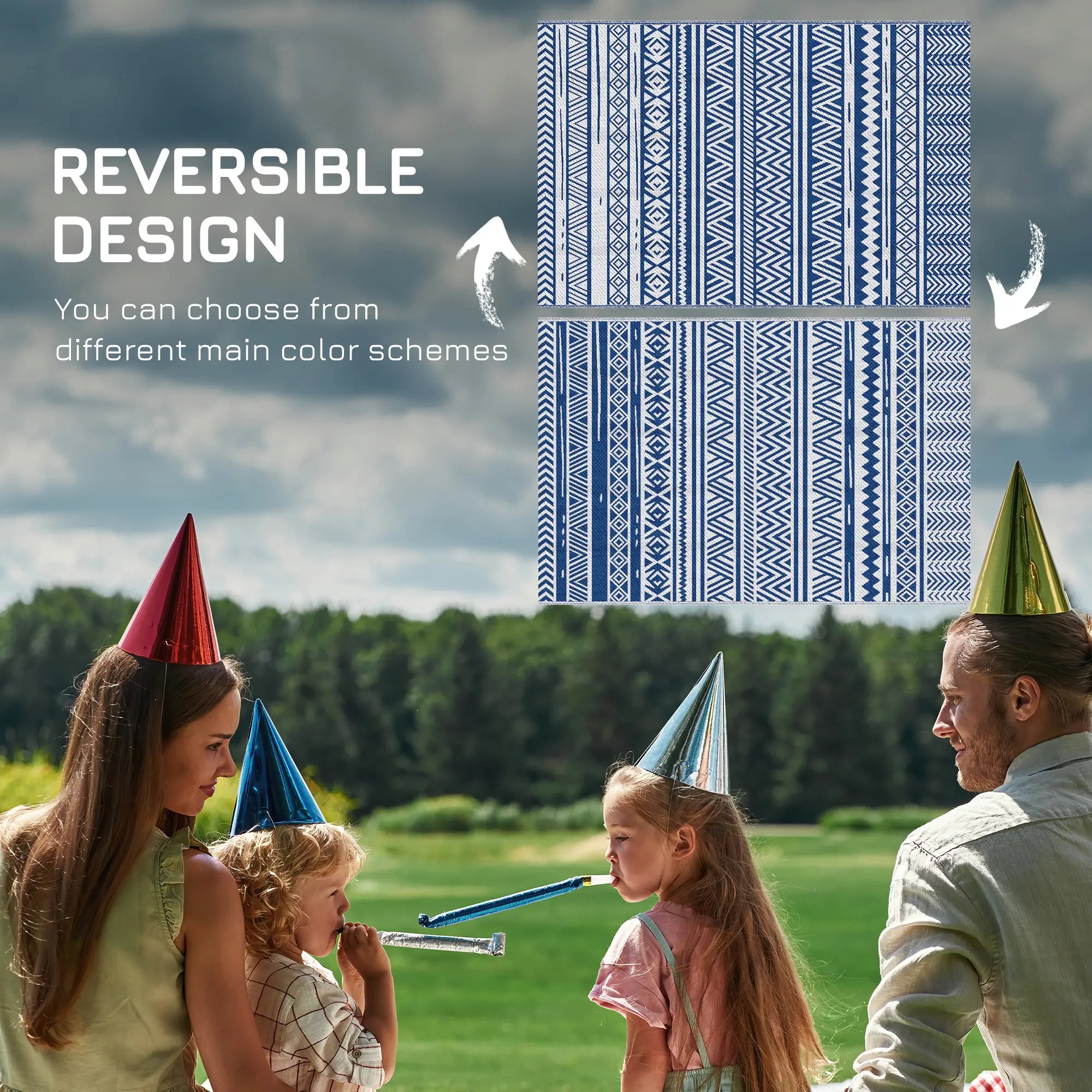 Reversible Outdoor Rug, Patio Floor Mat, 6' x 9', White, Dark Blue Garden Decor at Gallery Canada