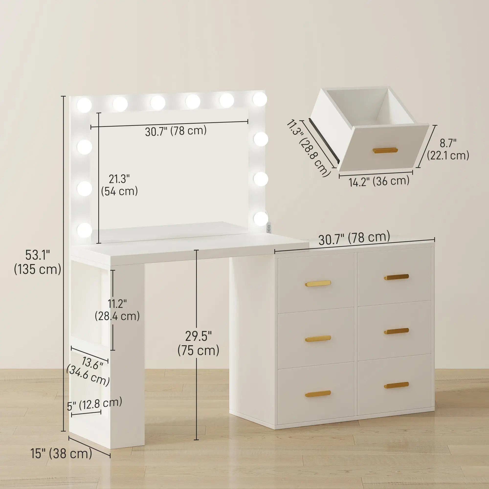 Vanity Desk with Mirror, LED Lights, Power Outlet, White Dressing & Vanity Tables at Gallery Canada