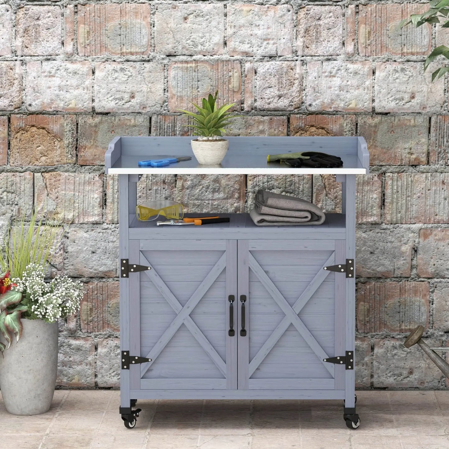 Outdoor Wooden Potting Bench, Storage Cabinet, Aluminum Tabletop, Grey Potting Benches & Tables at Gallery Canada