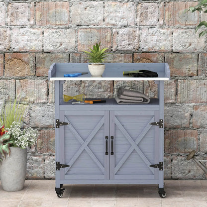 Outdoor Wooden Potting Bench, Storage Cabinet, Aluminum Tabletop, Grey Potting Benches & Tables at Gallery Canada