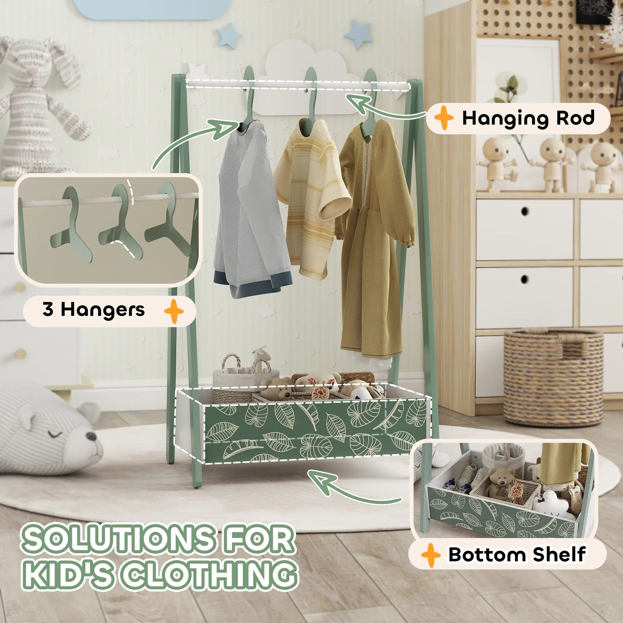 Kids Clothing Rack with Storage Shelf, Hangers, Green Kids Bedroom Furniture at Gallery Canada