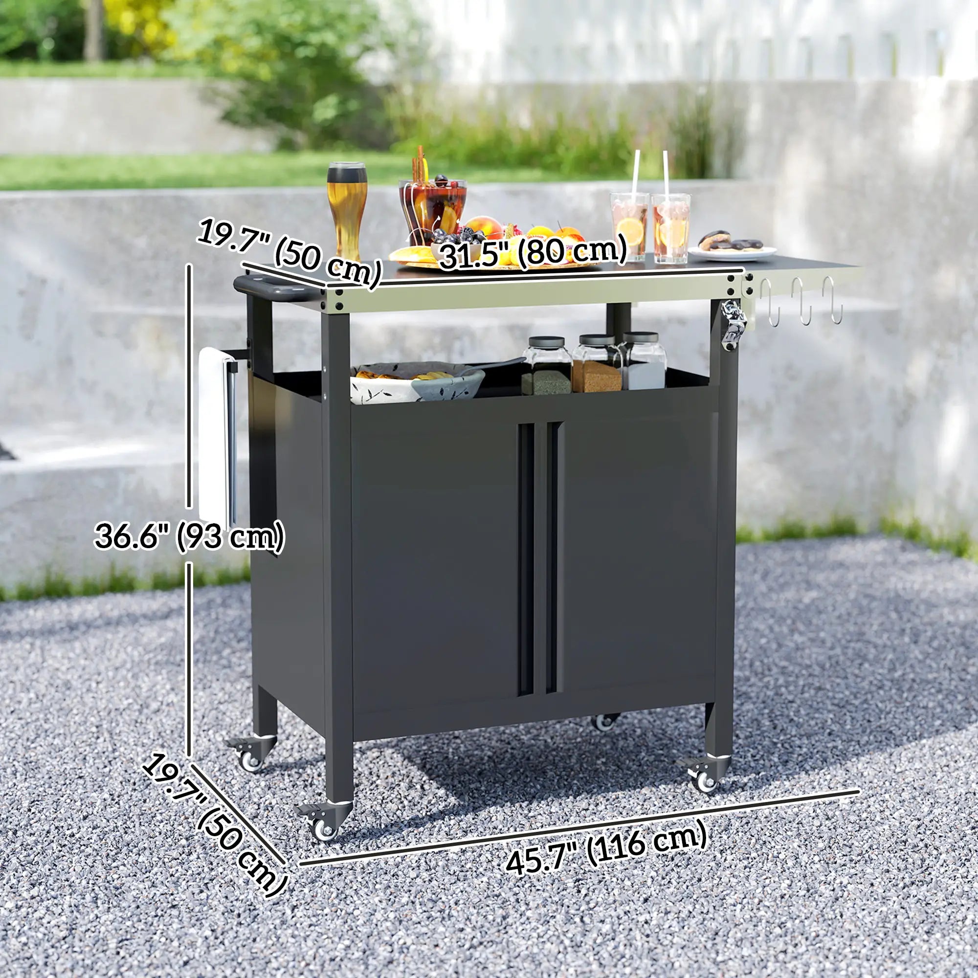 Outdoor Grill Cart Table With Foldable Side Table, 45.7