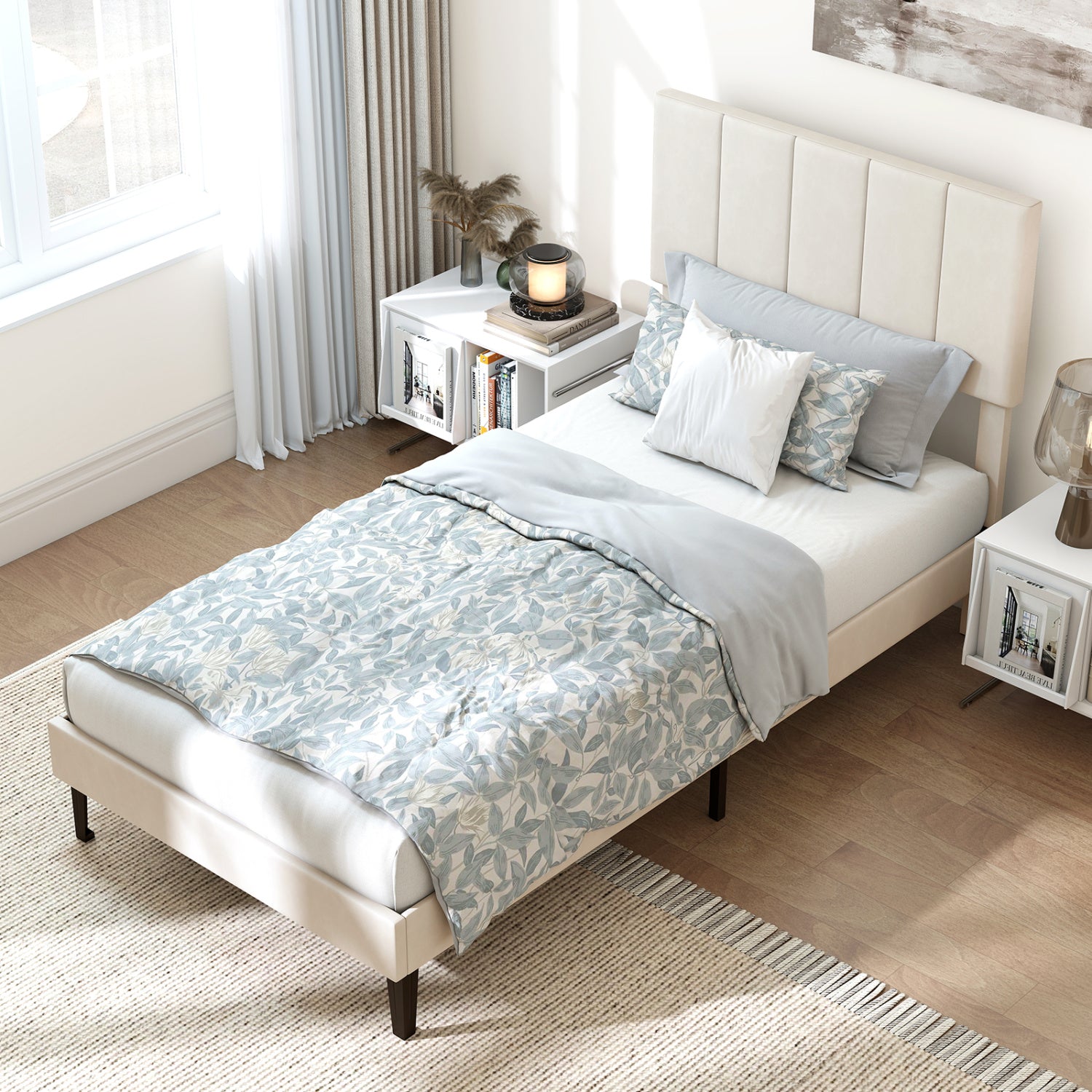 Gray Linen Upholstered Platform Bed with Height Adjustable Vertical Channel Headboard-Twin Size Simple Bed Frame at Gallery Canada