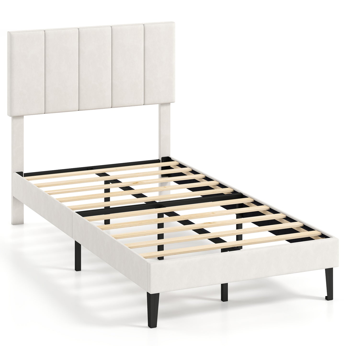 Gray Linen Upholstered Platform Bed with Height Adjustable Vertical Channel Headboard-Twin Size Simple Bed Frame Beige at Gallery Canada