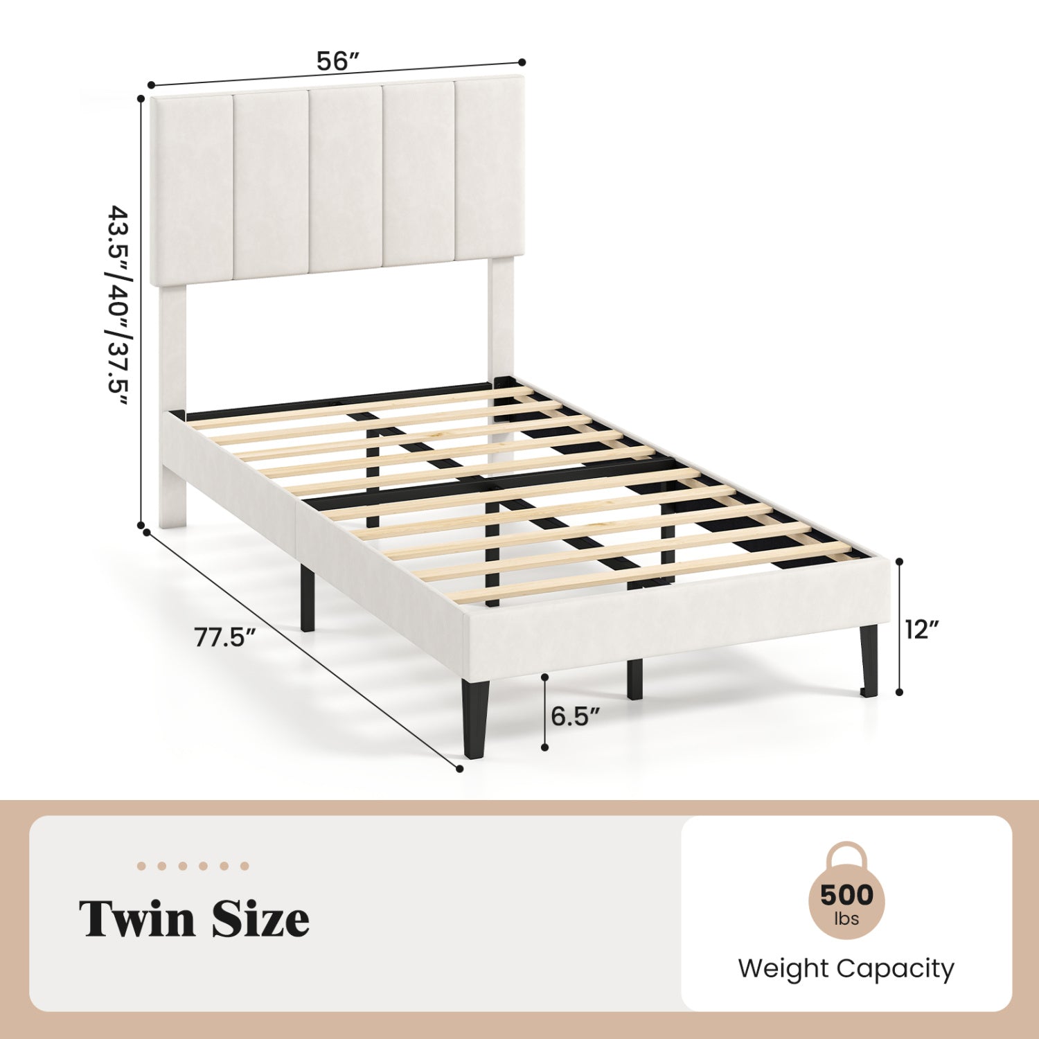 Gray Linen Upholstered Platform Bed with Height Adjustable Vertical Channel Headboard-Twin Size Simple Bed Frame at Gallery Canada