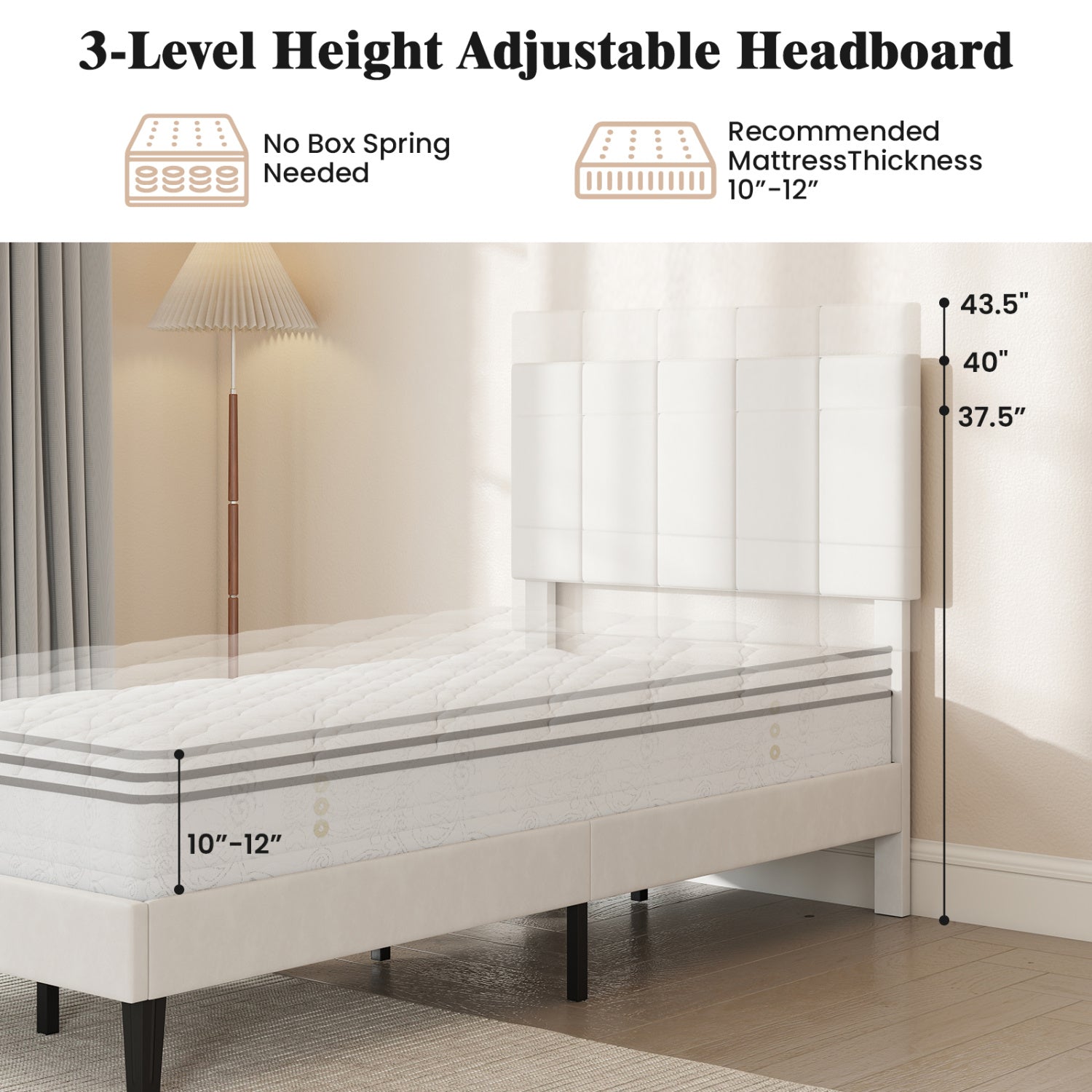Gray Linen Upholstered Platform Bed with Height Adjustable Vertical Channel Headboard-Twin Size Simple Bed Frame at Gallery Canada