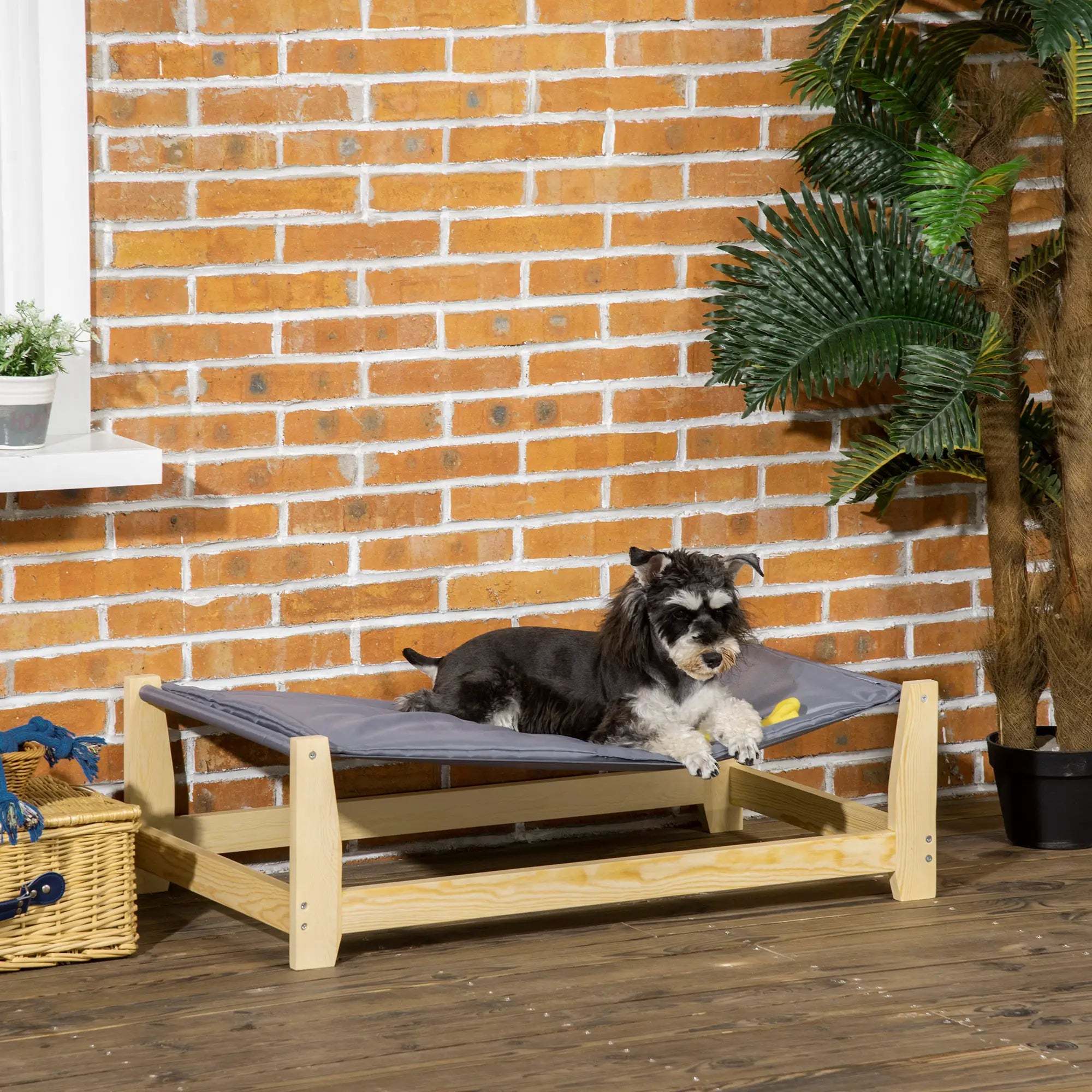 Raised Dog Bed, Washable Cushion, Elevated Pet Bed, Pine Wood Frame, 35.5