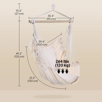Hanging Macrame Chair, Cotton w/ Two Cushions, Indoor Outdoor, White Hammock Swings at Gallery Canada