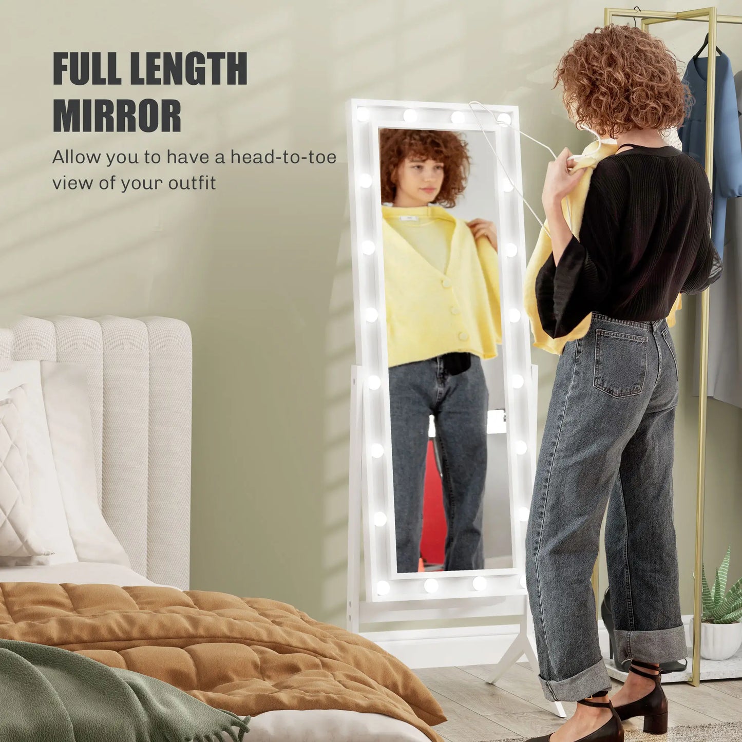 60" x 18" Free Standing Mirror with Lights, Adjustable Angles, White Full Length Mirrors at Gallery Canada