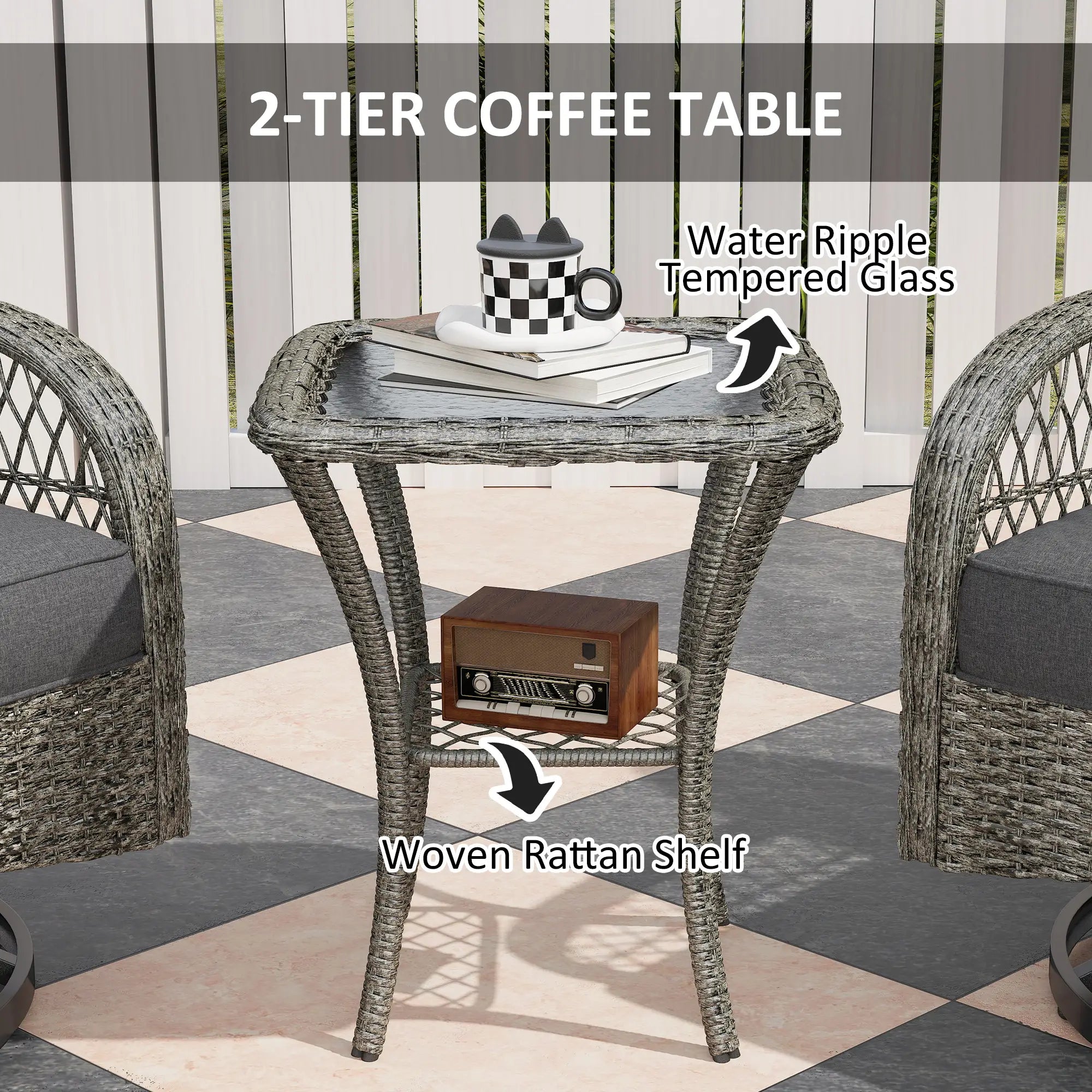 Wicker Balcony Furniture, 3 Piece Patio Set, 2 Swivel Rocking Chairs, 2-Tier Glass Coffee Table, Grey Bistro Sets at Gallery Canada