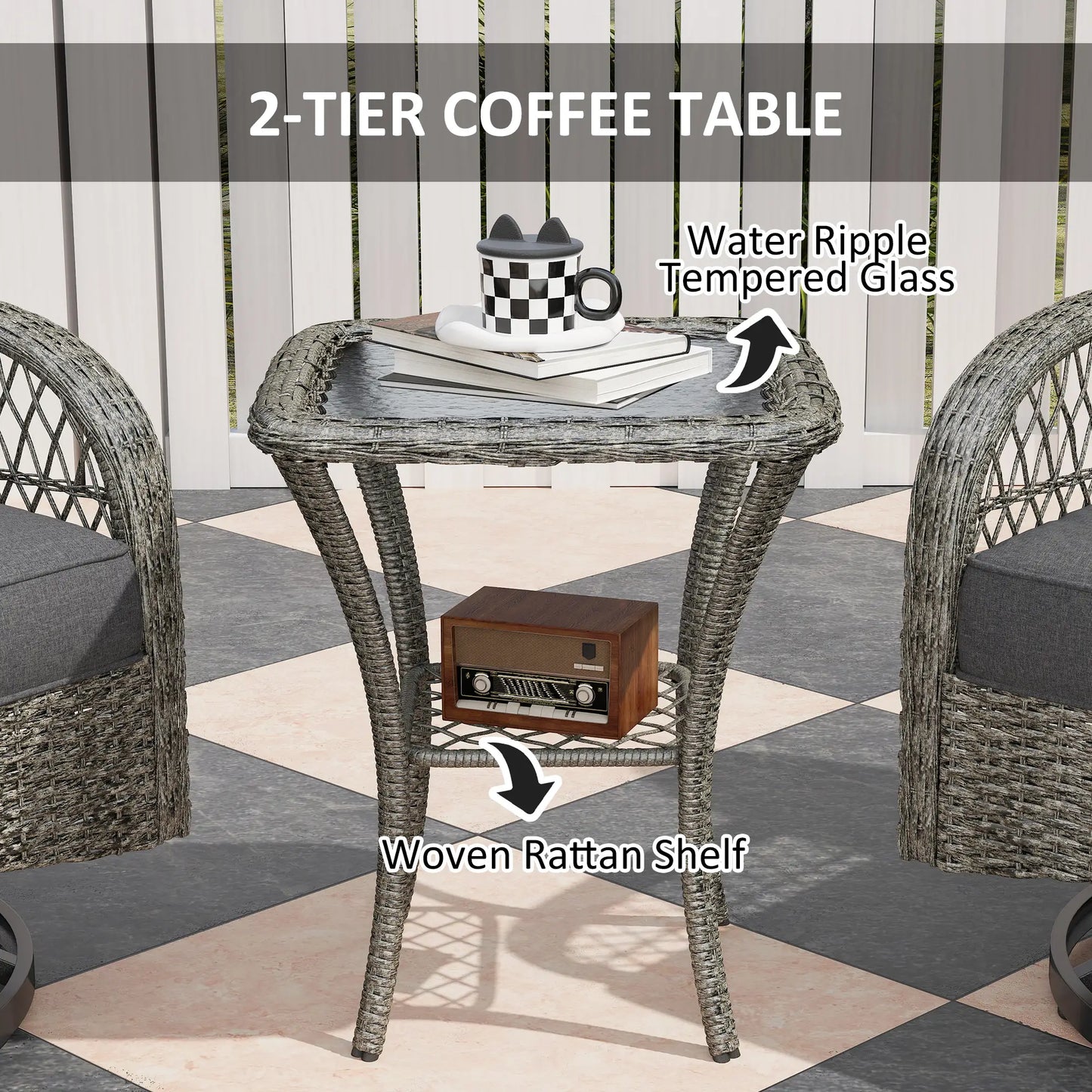 Wicker Balcony Furniture, 3 Piece Patio Set, 2 Swivel Rocking Chairs, 2-Tier Glass Coffee Table, Grey Bistro Sets at Gallery Canada